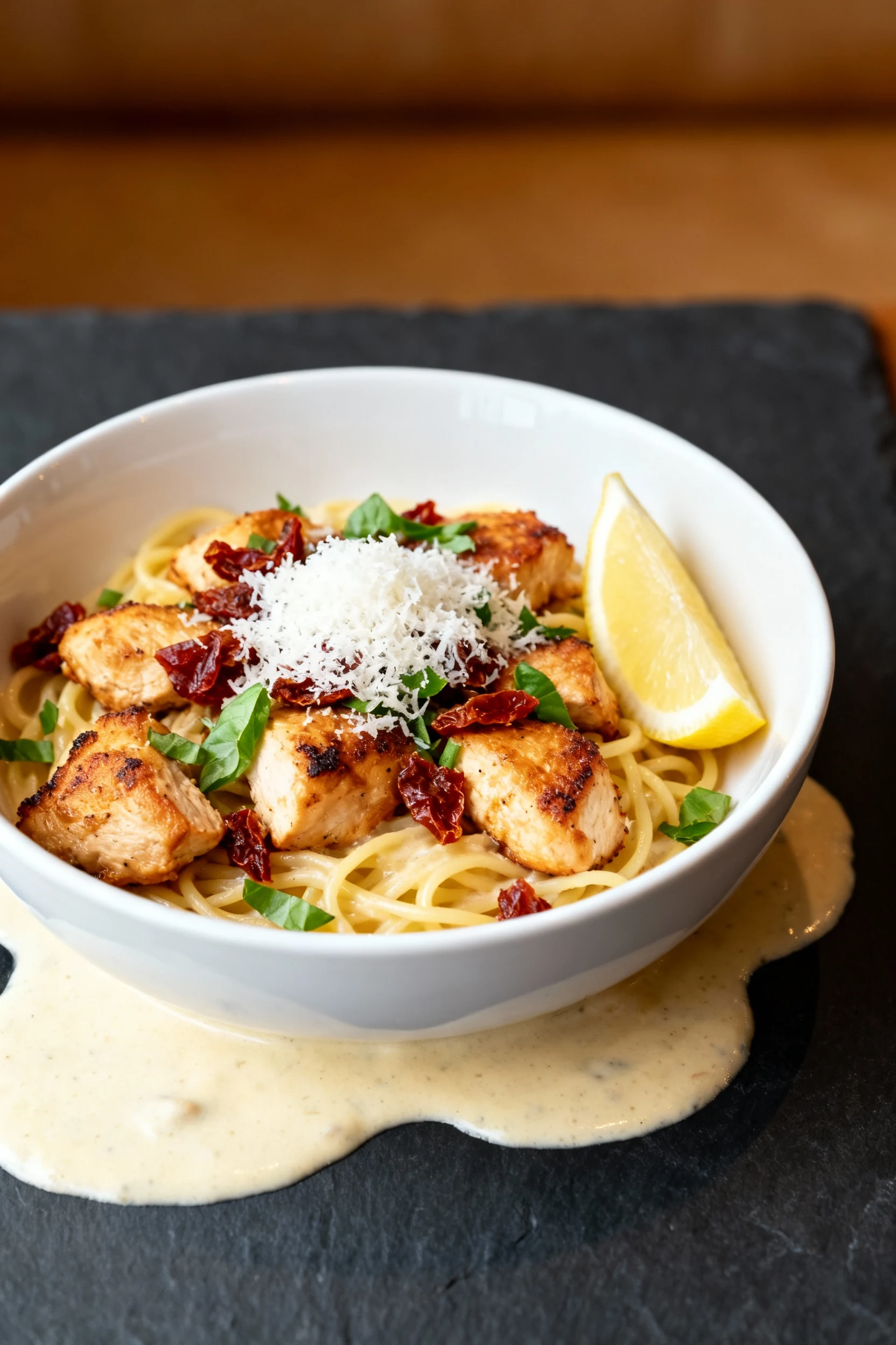 Beautifully plated Tuscan chicken pasta in a matte white bowl: ultra-creamy sauce, juicy seared chicken bites, sun-dried