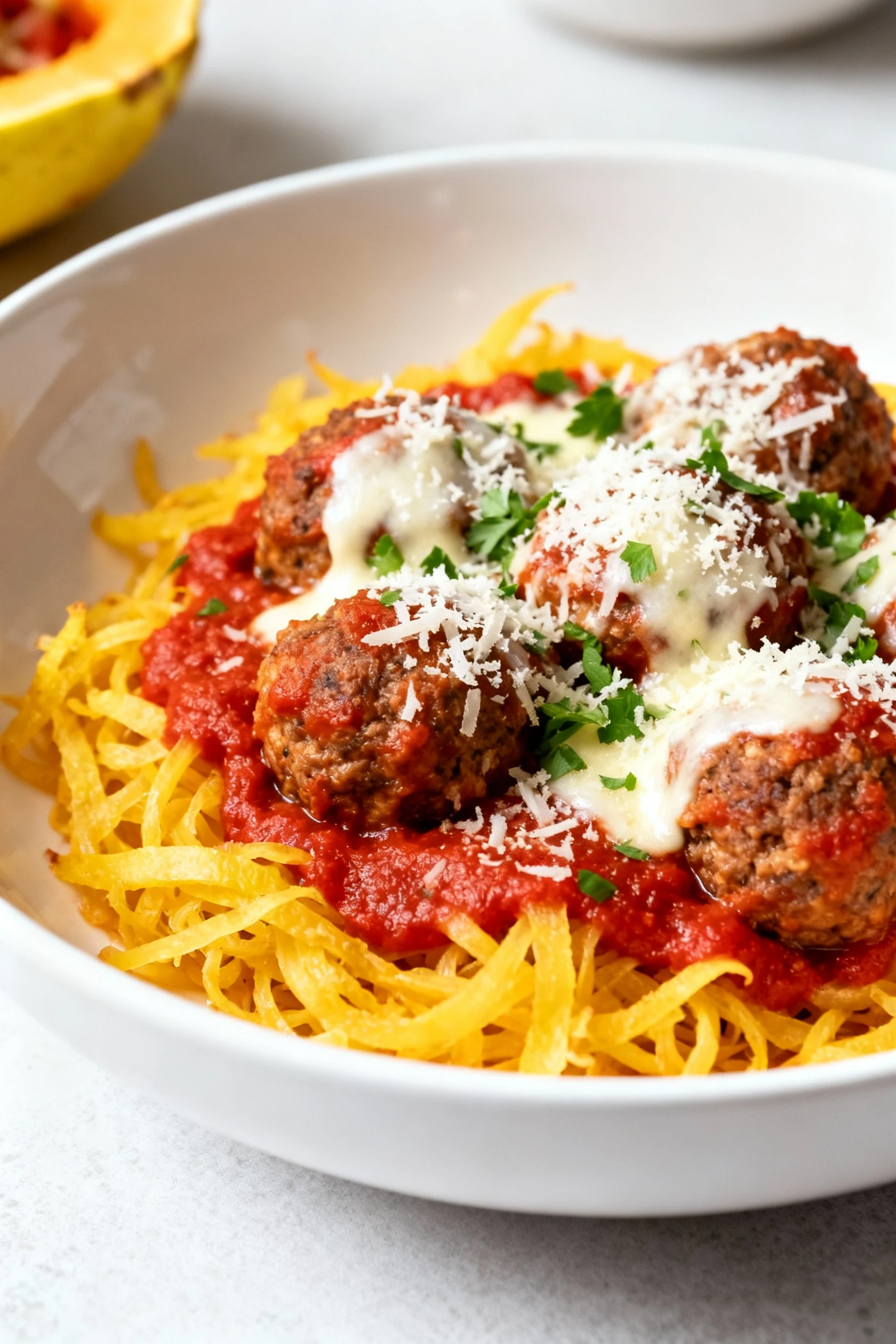 Final dish: marinara meatball spaghetti squash plated in a wide white bowl—golden strands under bright red marinara, jui