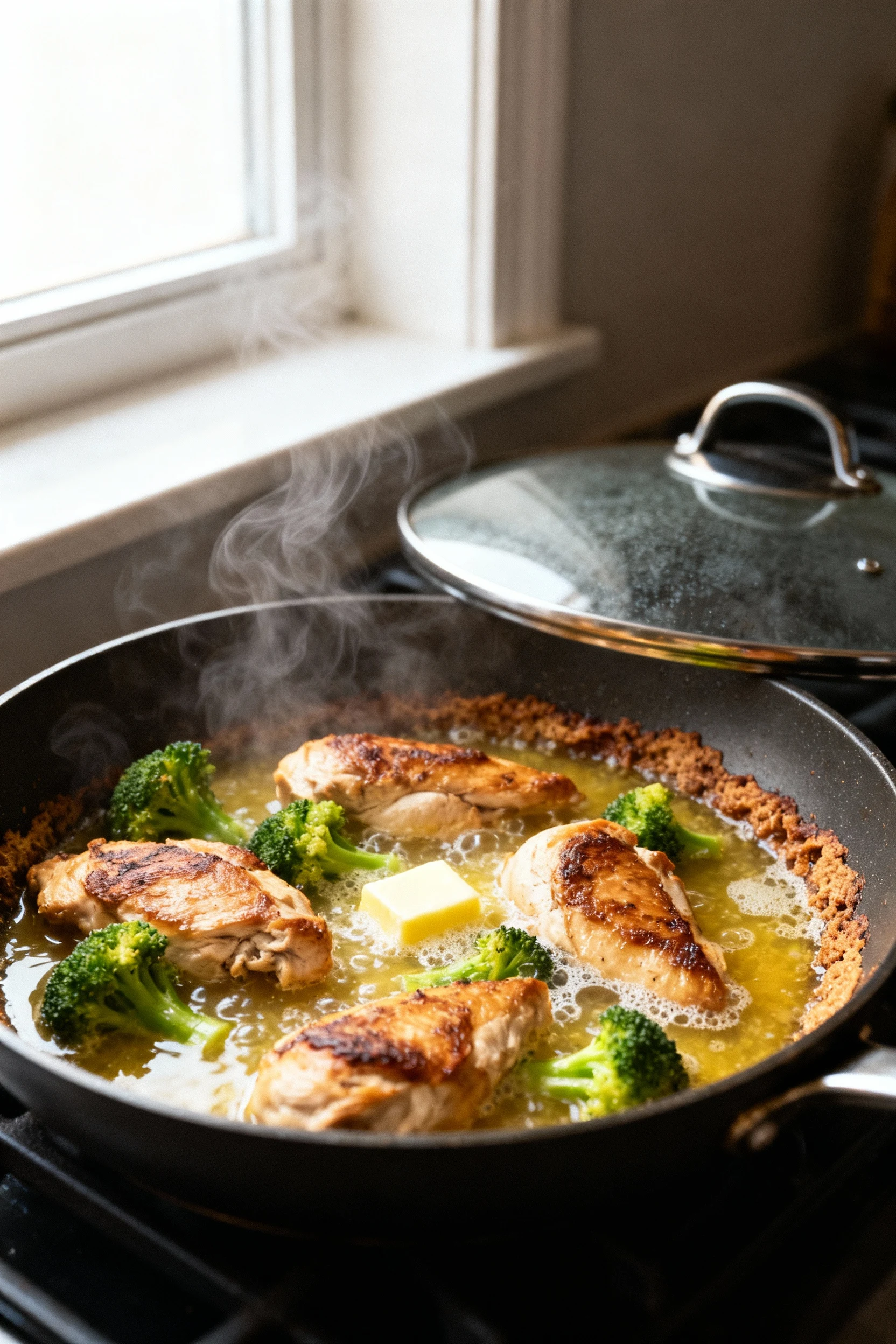 Cooking process: in-skillet steam-sauté with browned chicken pieces and broccoli as lemon-chicken broth and butter gentl
