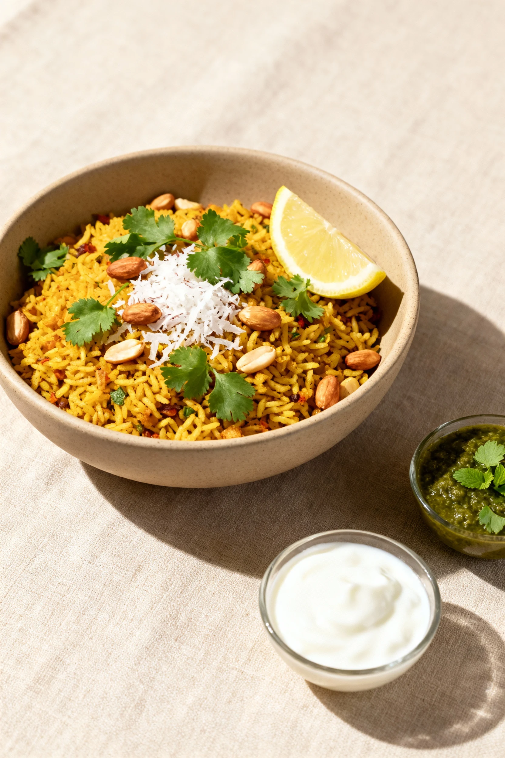 Final dish hero: Masala Poha plated in a shallow matte ceramic bowl, finished with fresh cilantro, grated coconut, extra