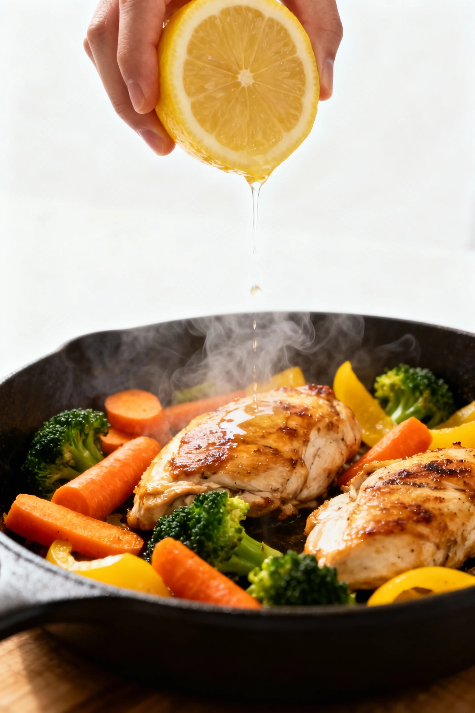Action shot of chicken and vegetables in the skillet just after baking, fresh lemon juice being drizzled over, steam ris