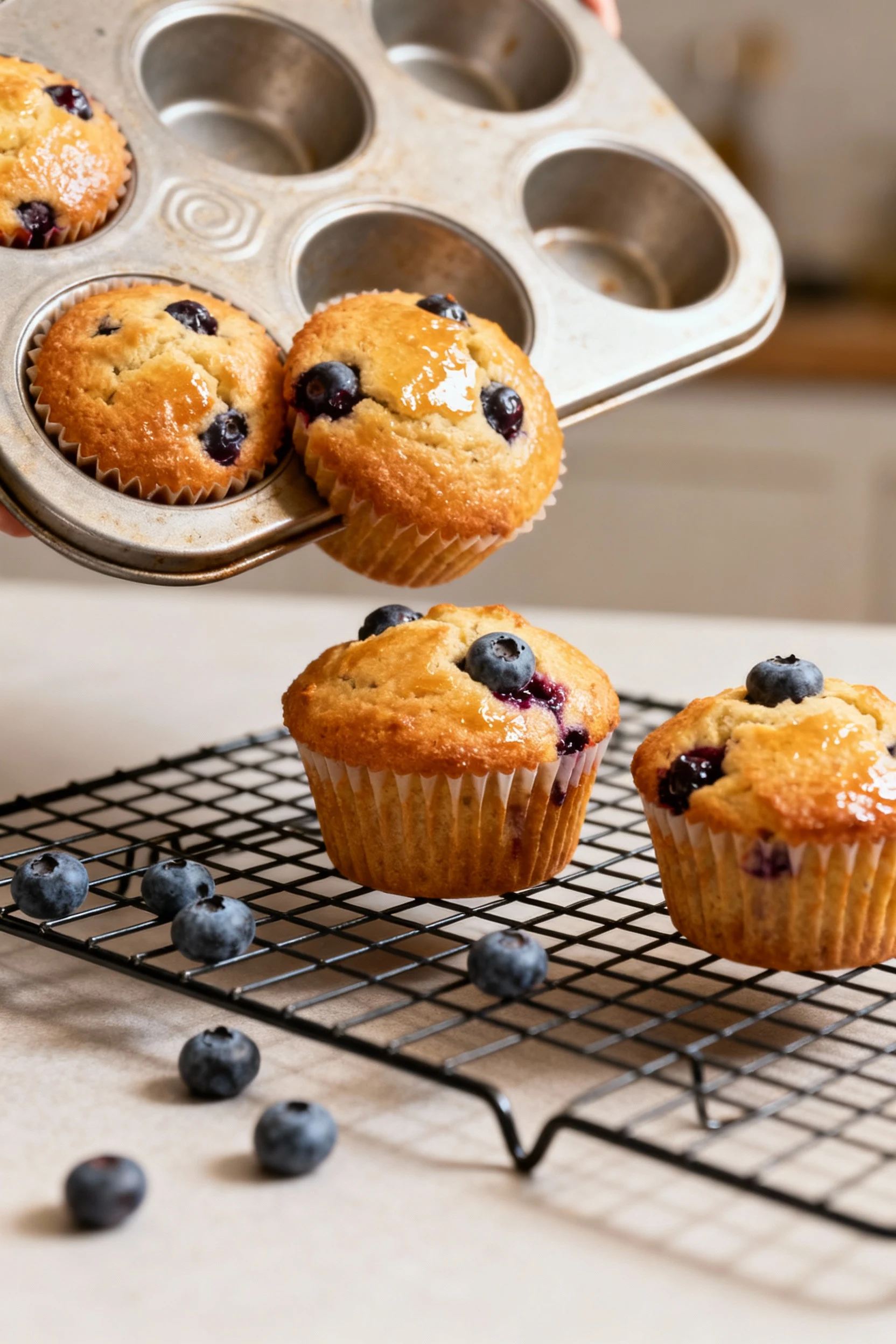 3. Cooking process shot of warm muffins being transferred from a muffin tin to a wire rack, focus on golden crust and in