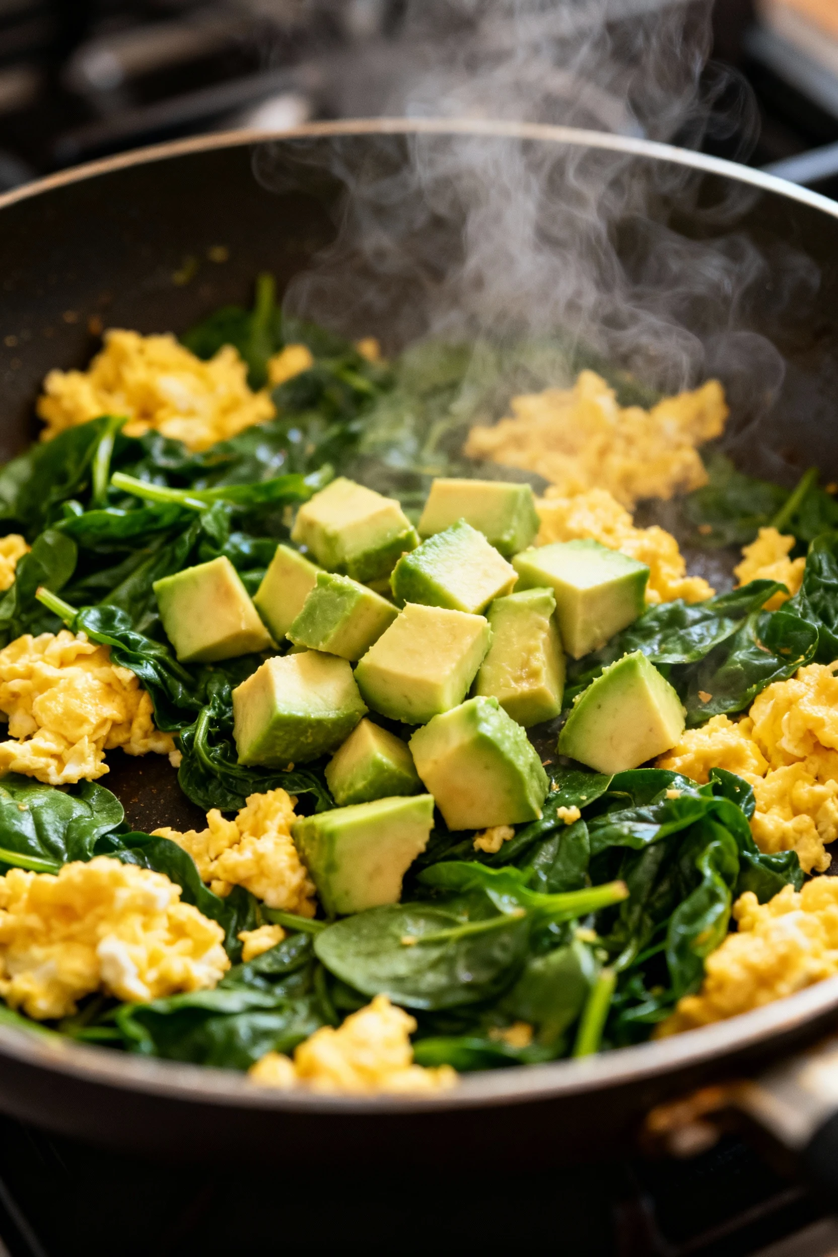 Mid-cooking process shot of scrambled eggs and spinach in a skillet, steam rising, avocado cubes just added, vibrant gre
