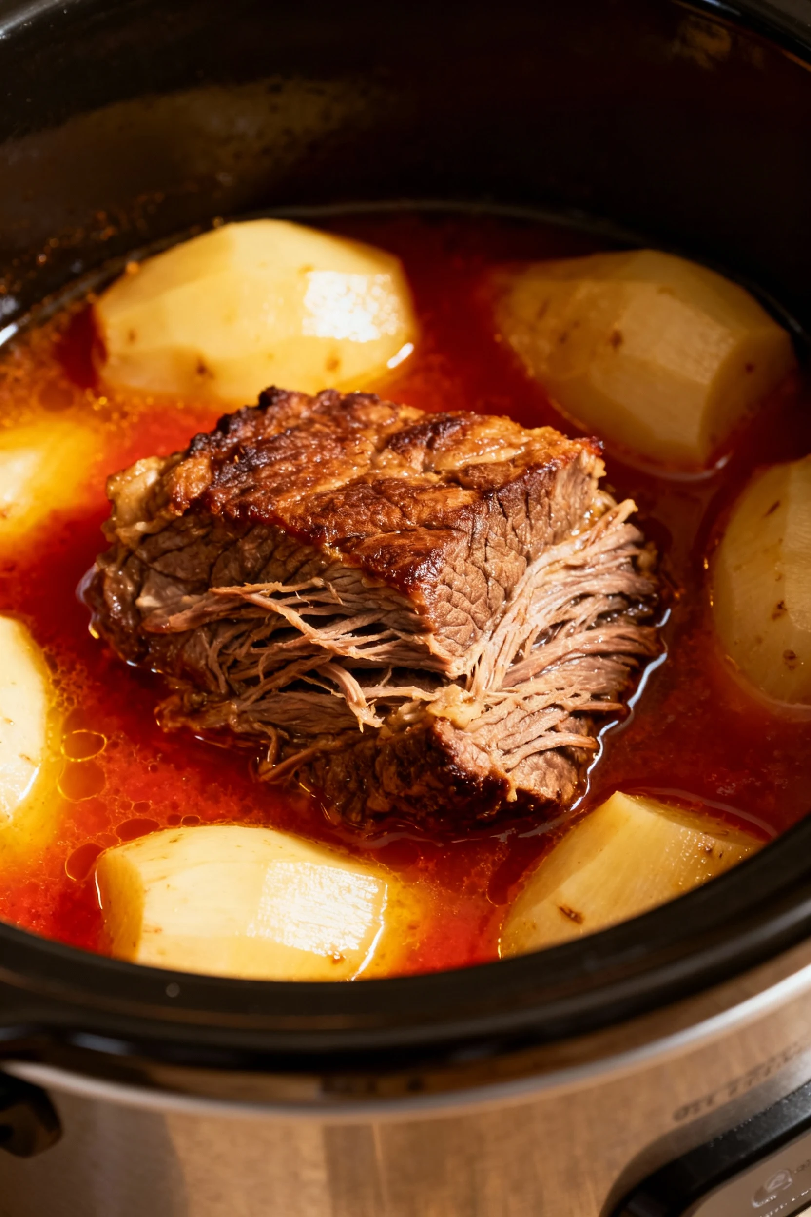 3. Mid-cooking process shot inside slow cooker showing browned meat resting atop softened root vegetables immersed in sa