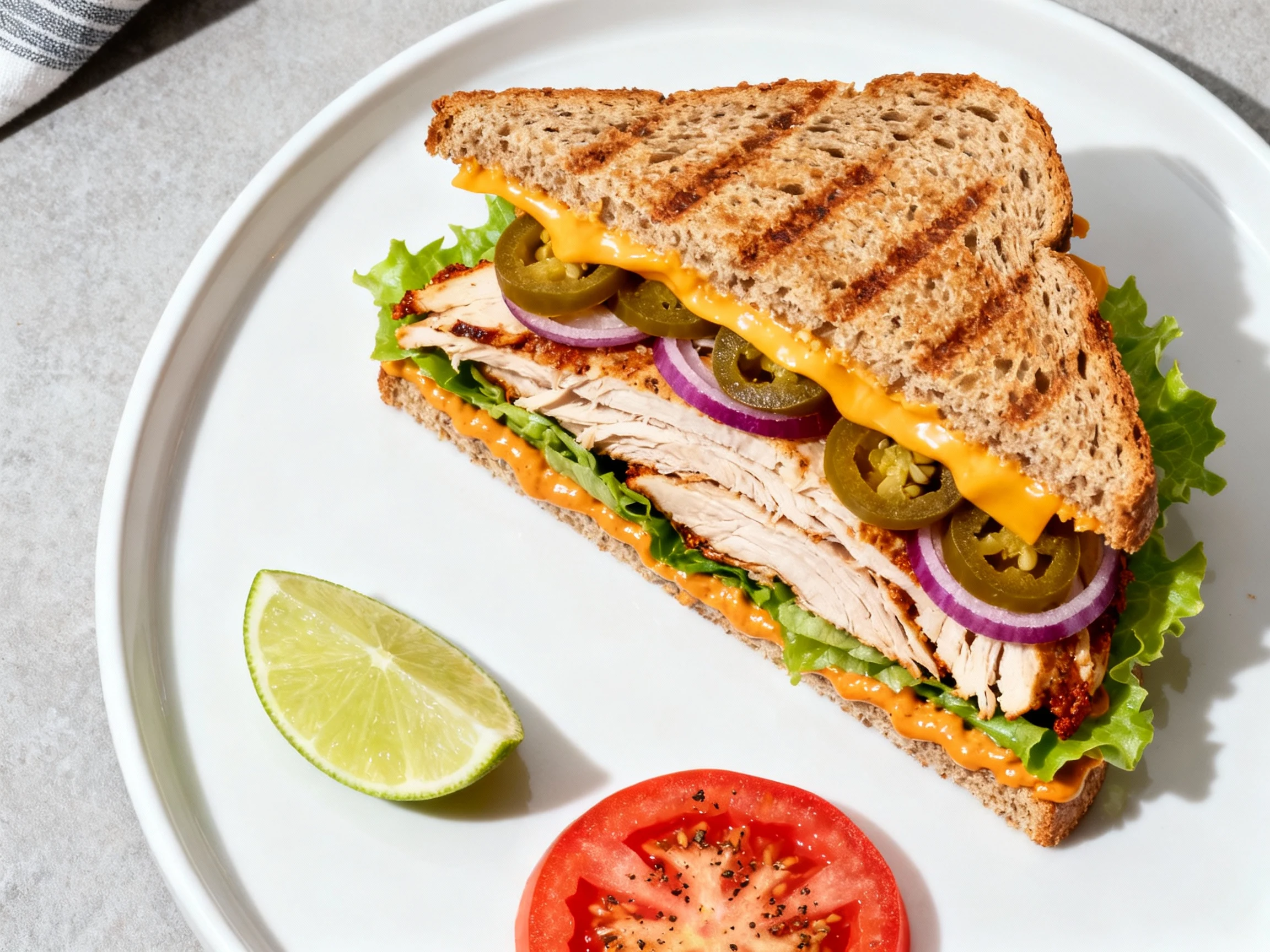 Food photography, Tasty top view: Overhead shot of Chipotle Crunch turkey sandwich on toasted multigrain, diagonally sli
