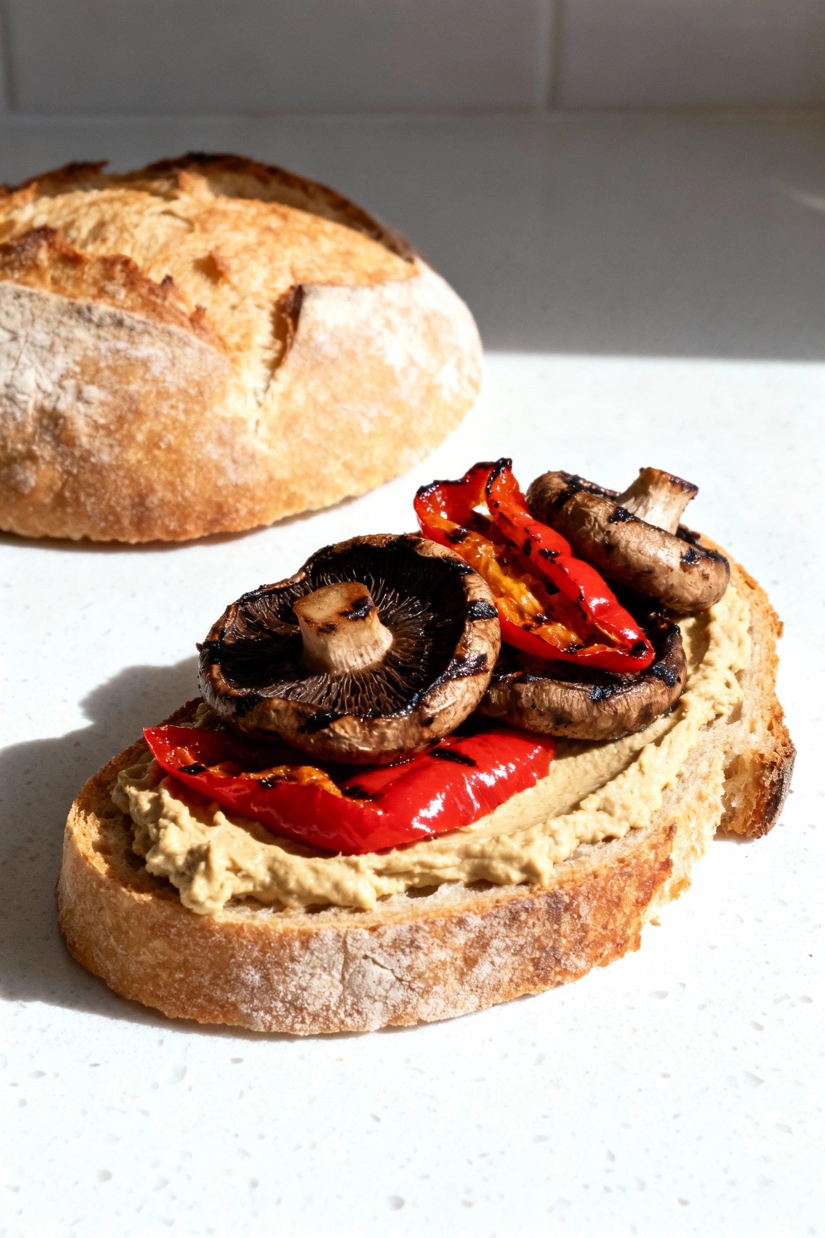 Mid-preparation shot of sourdough bread being layered with hummus spread, grilled Portobello mushroom slices, and roaste