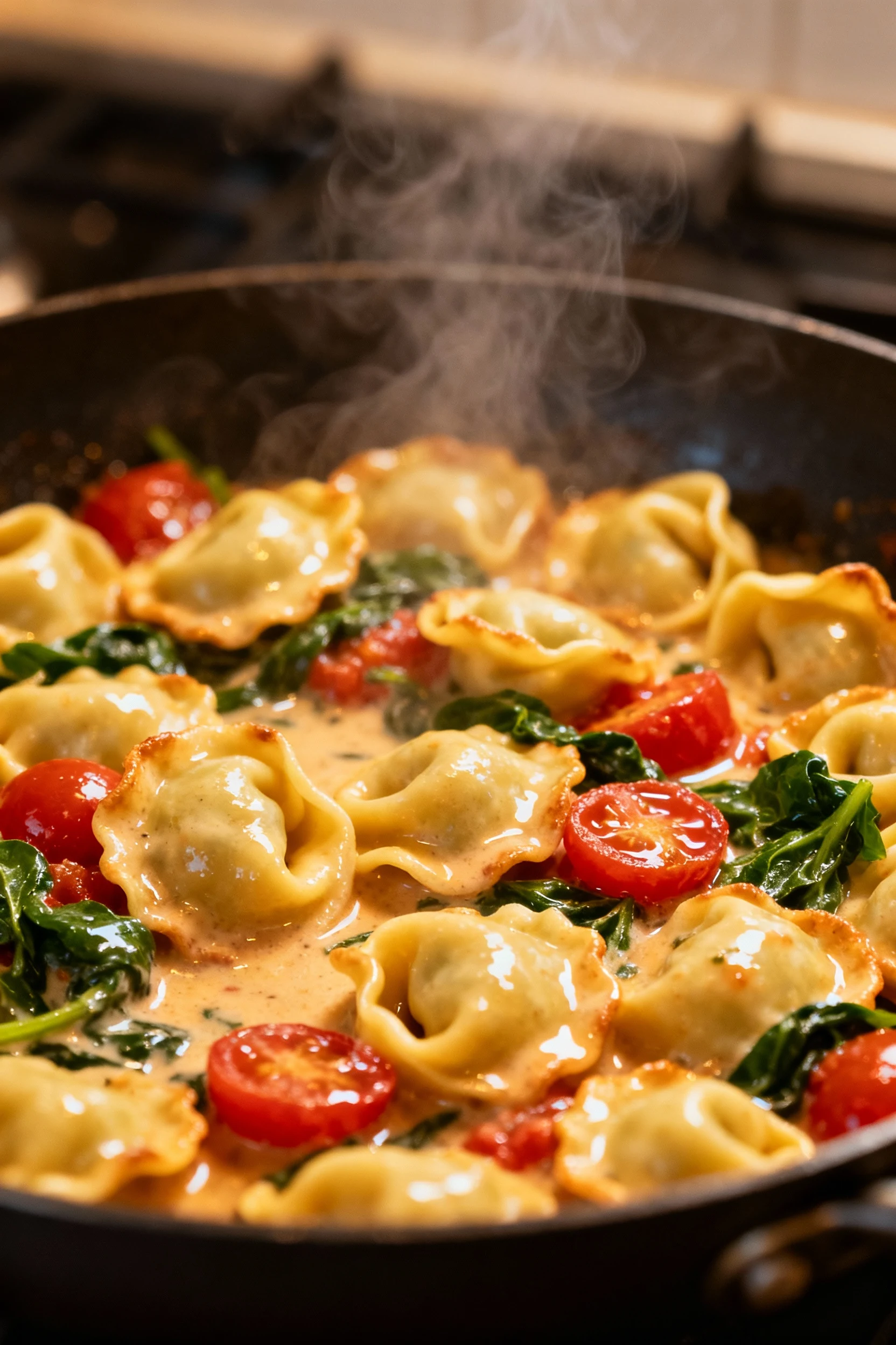 Cooking process shot showing tortellini being gently tossed in a skillet with cream sauce, cherry tomatoes starting to b