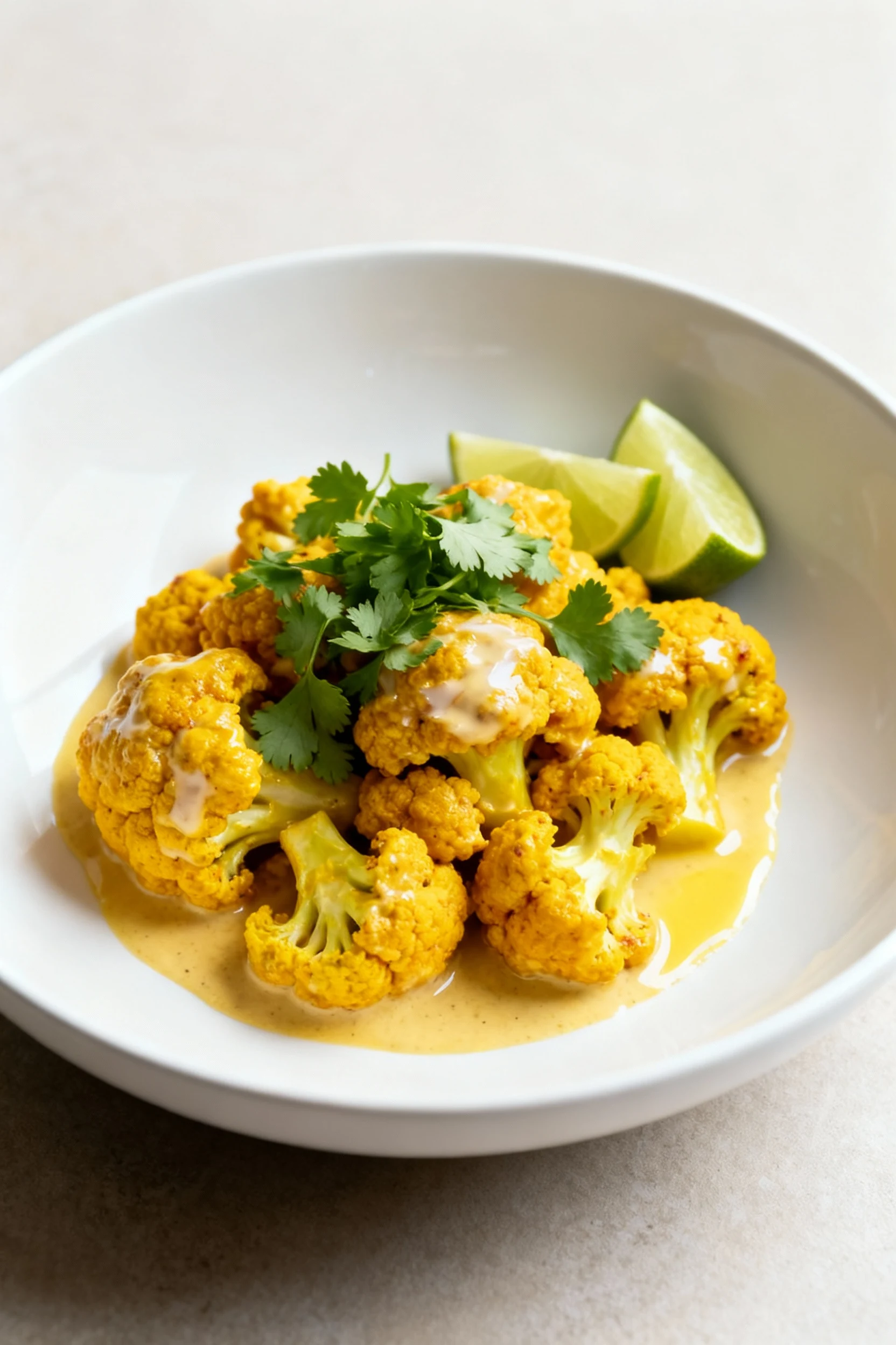 Beautifully plated Curry Coconut cauliflower in a wide white bowl, golden-yellow from curry and turmeric with a creamy c