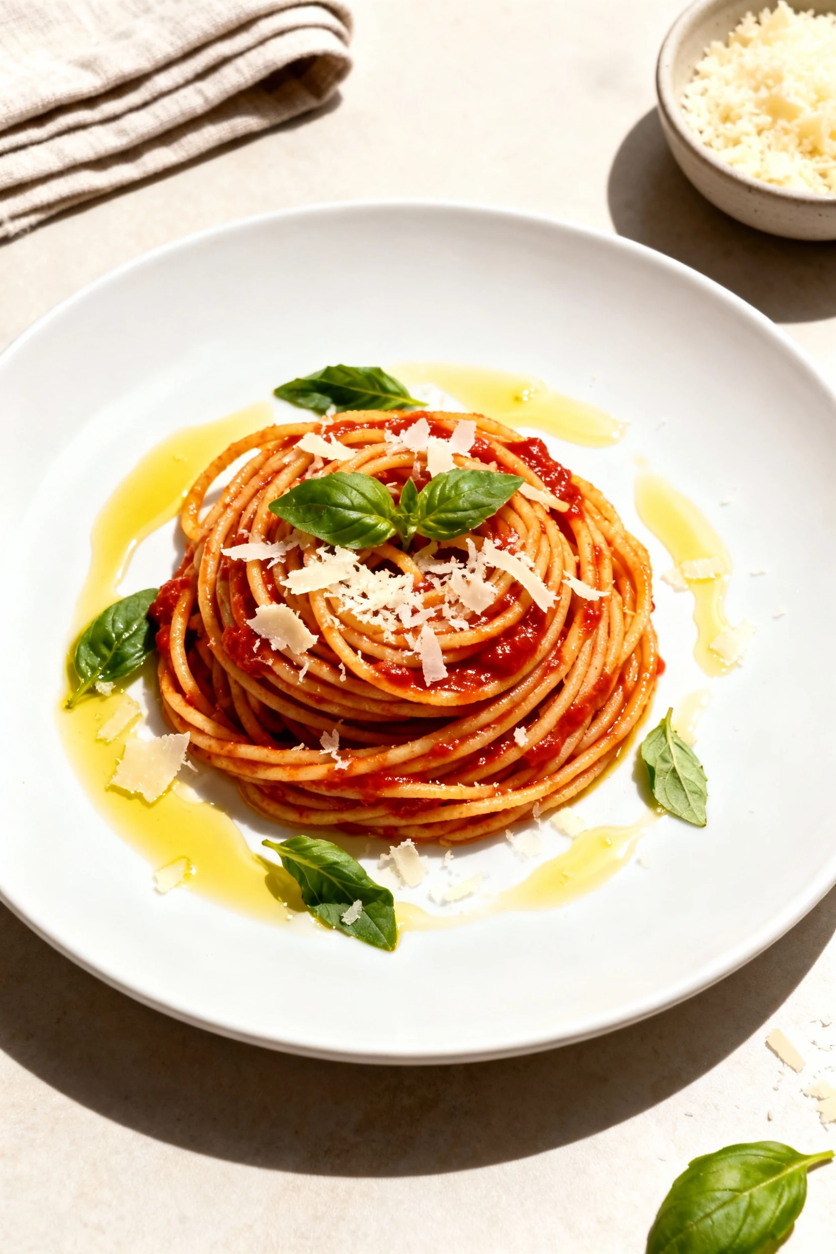 Tasty top view: overhead shot of classic tomato-basil spaghetti twirled into a neat nest on a white plate, evenly clingi