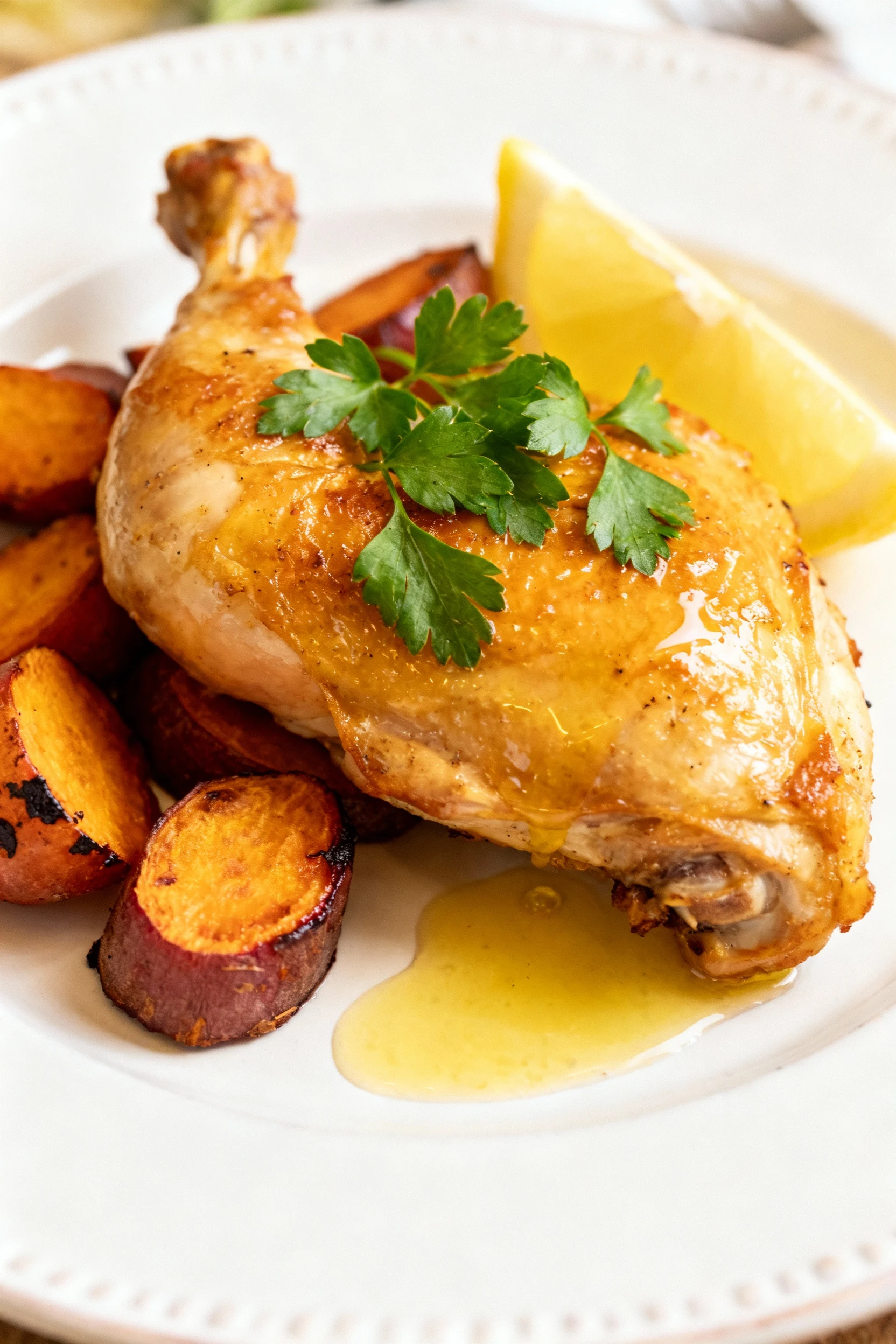 Beautifully plated baked chicken thigh on a white ceramic plate, garnished with fresh parsley and a drizzle of lemon jui