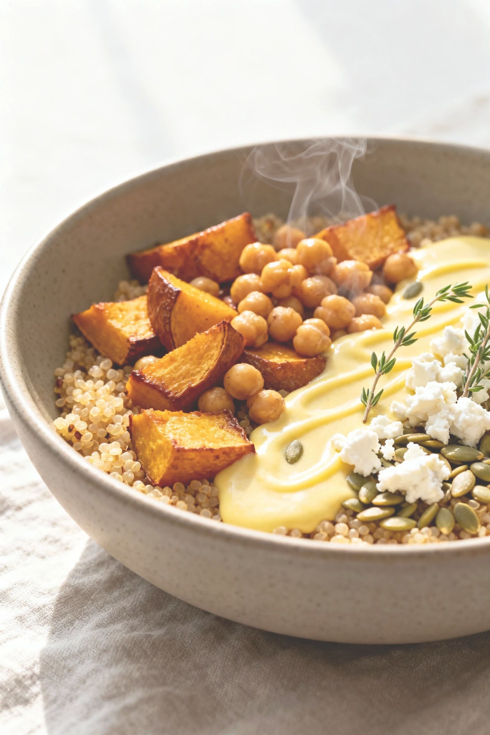 Restaurant-style 45-degree plate: warm quinoa base topped with maple-roasted squash and chickpeas, silky lemon‑tahini zi