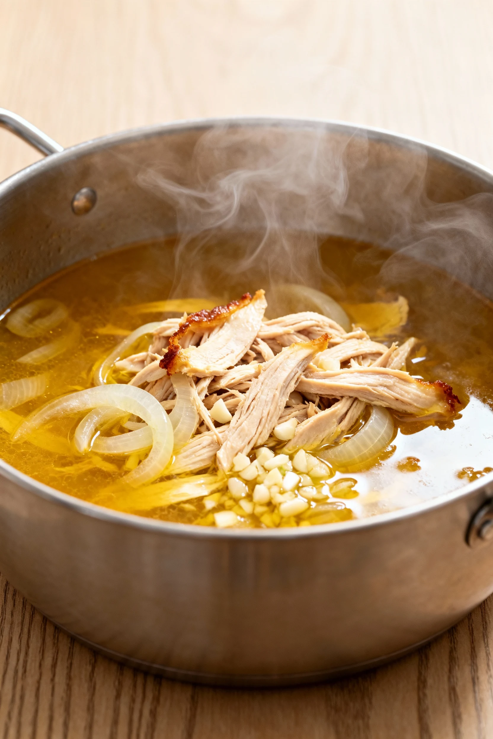 Cooking process shot of shredded chicken simmering in a pot of golden chicken broth with visible tender onion pieces and