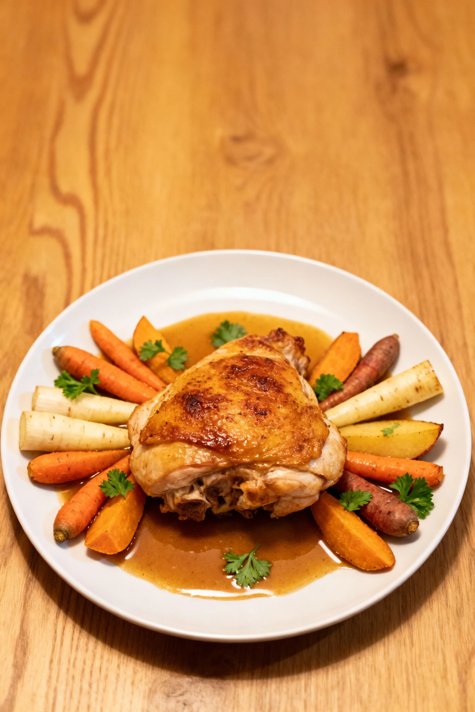 Professional plate presentation of crock pot chicken thighs served with a medley of root vegetables, glossy sauce poolin
