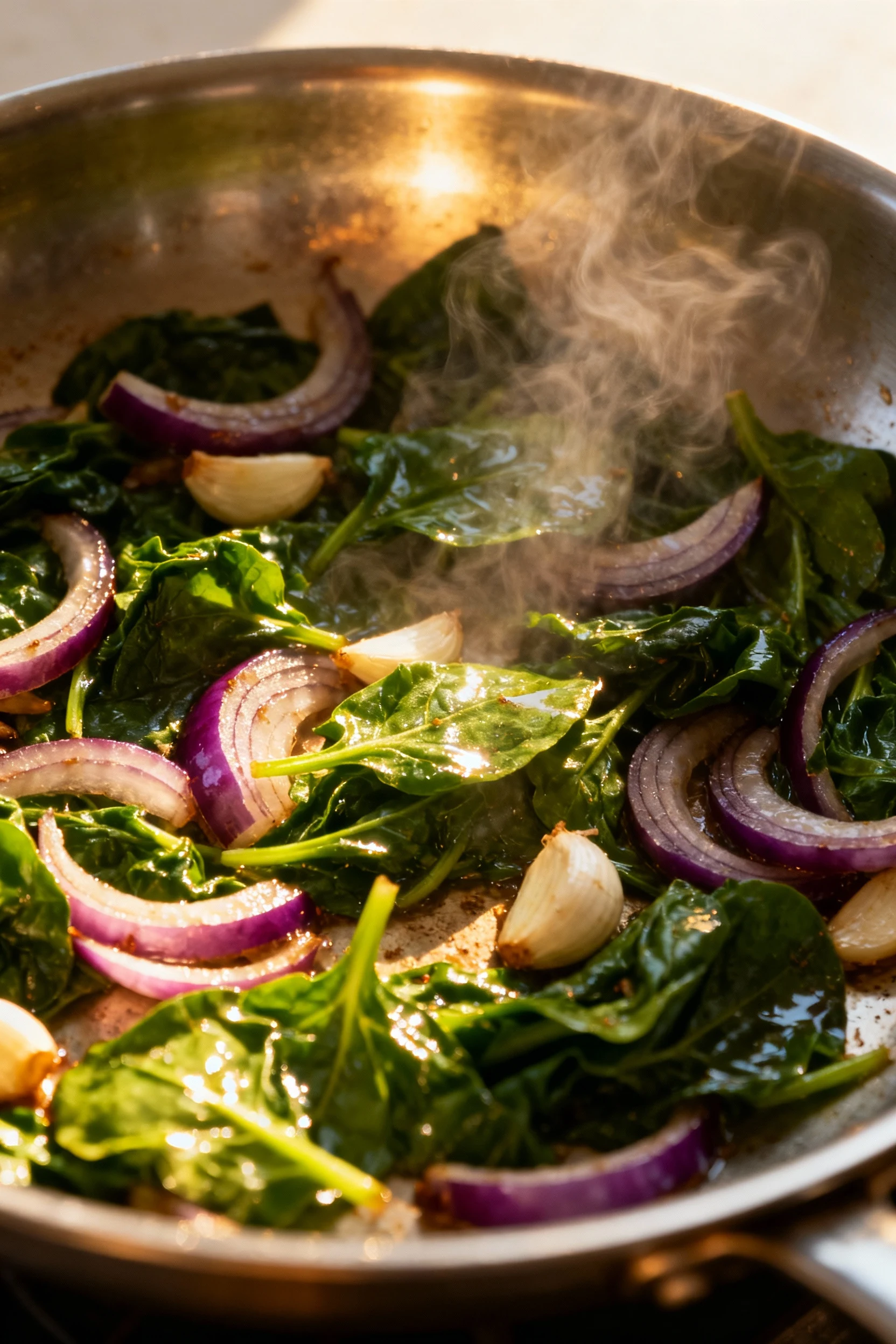 Sautéed red onion, garlic, and wilted spinach in a stainless steel skillet, steam rising and glistening greens catching 