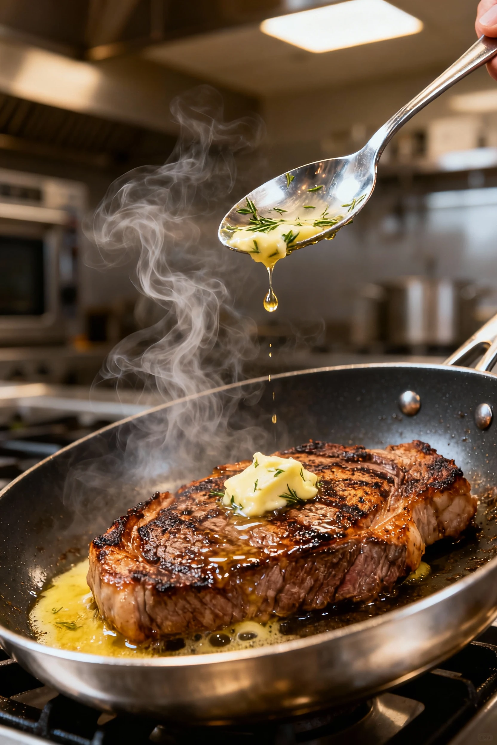 Cooking process shot of steak in a stainless steel skillet with butter basting in action, pan tilted to show spoon scoop