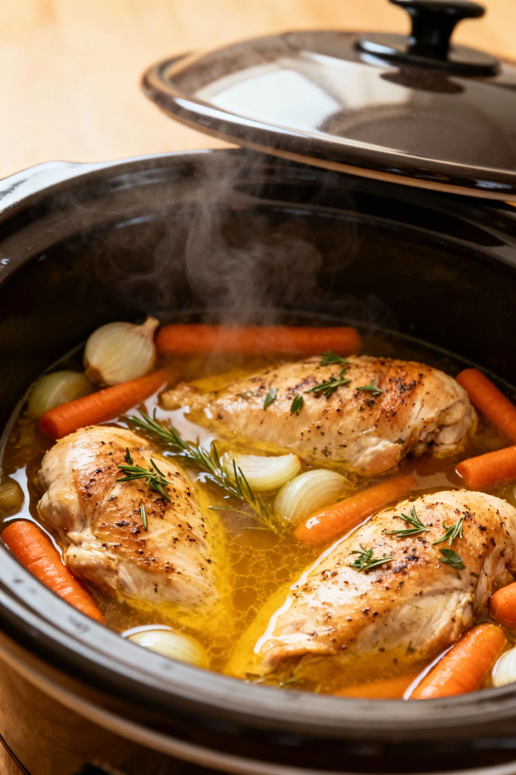 Cooking process scene: crockpot filled with juicy seasoned chicken breasts surrounded by simmering carrots, onions, and 