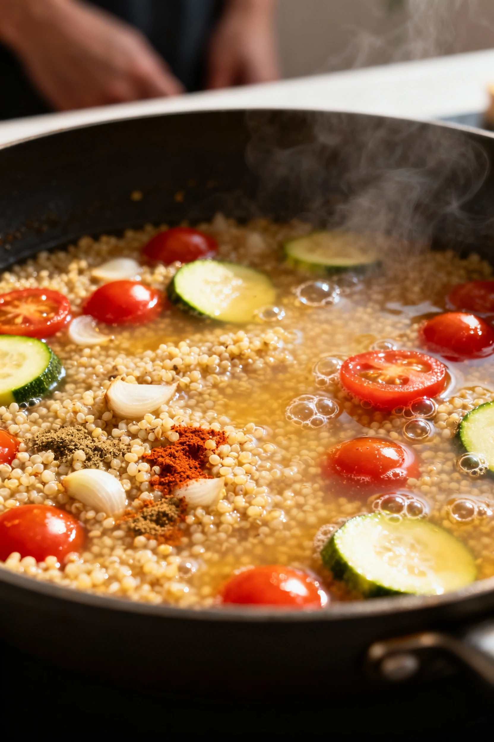 3. In-pan process shot: quinoa gently simmering in low‑sodium broth with garlic, shallot, paprika, and cumin; tiny bubbl