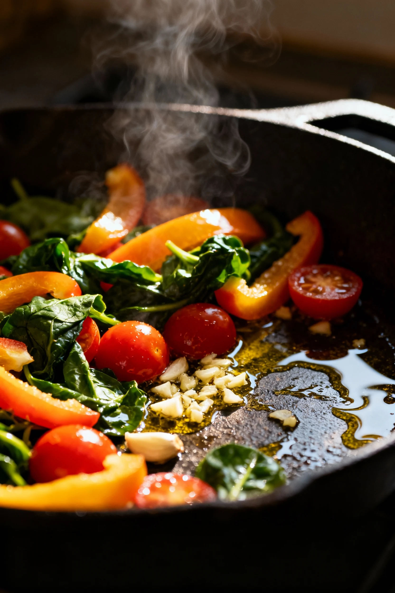 Cooking process shot of mixed vegetables—bell peppers, spinach, and cherry tomatoes—sizzling in a cast iron skillet with