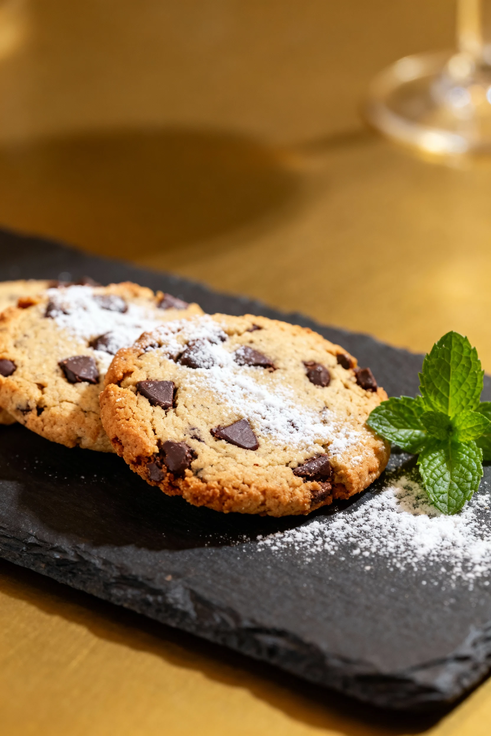 Beautifully plated gluten-free chocolate chip cookies with a light dusting of powdered sugar and a sprig of fresh mint o