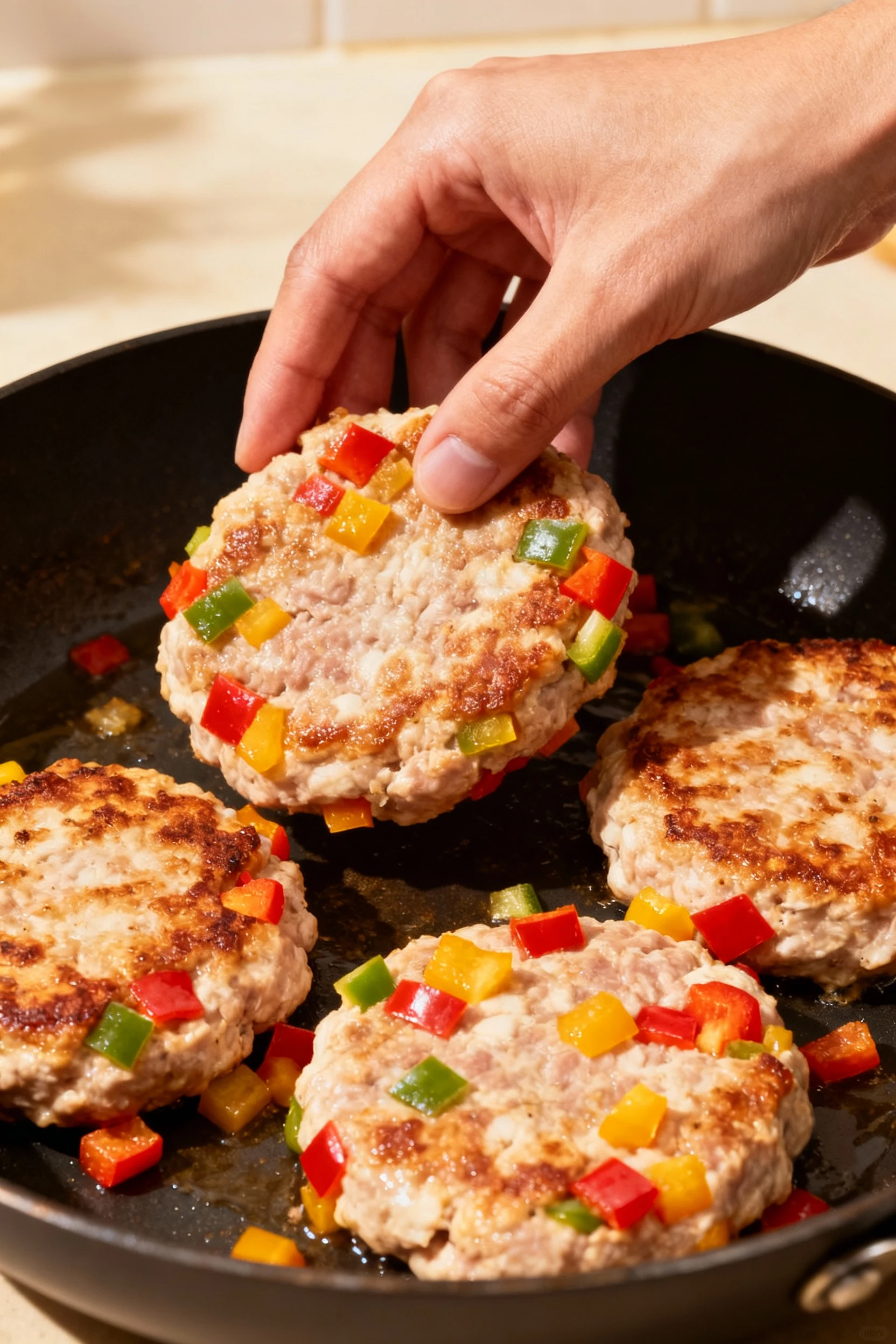 3. Cooking process shot of ground chicken patties being gently covered in a skillet to finish cooking through, edges car
