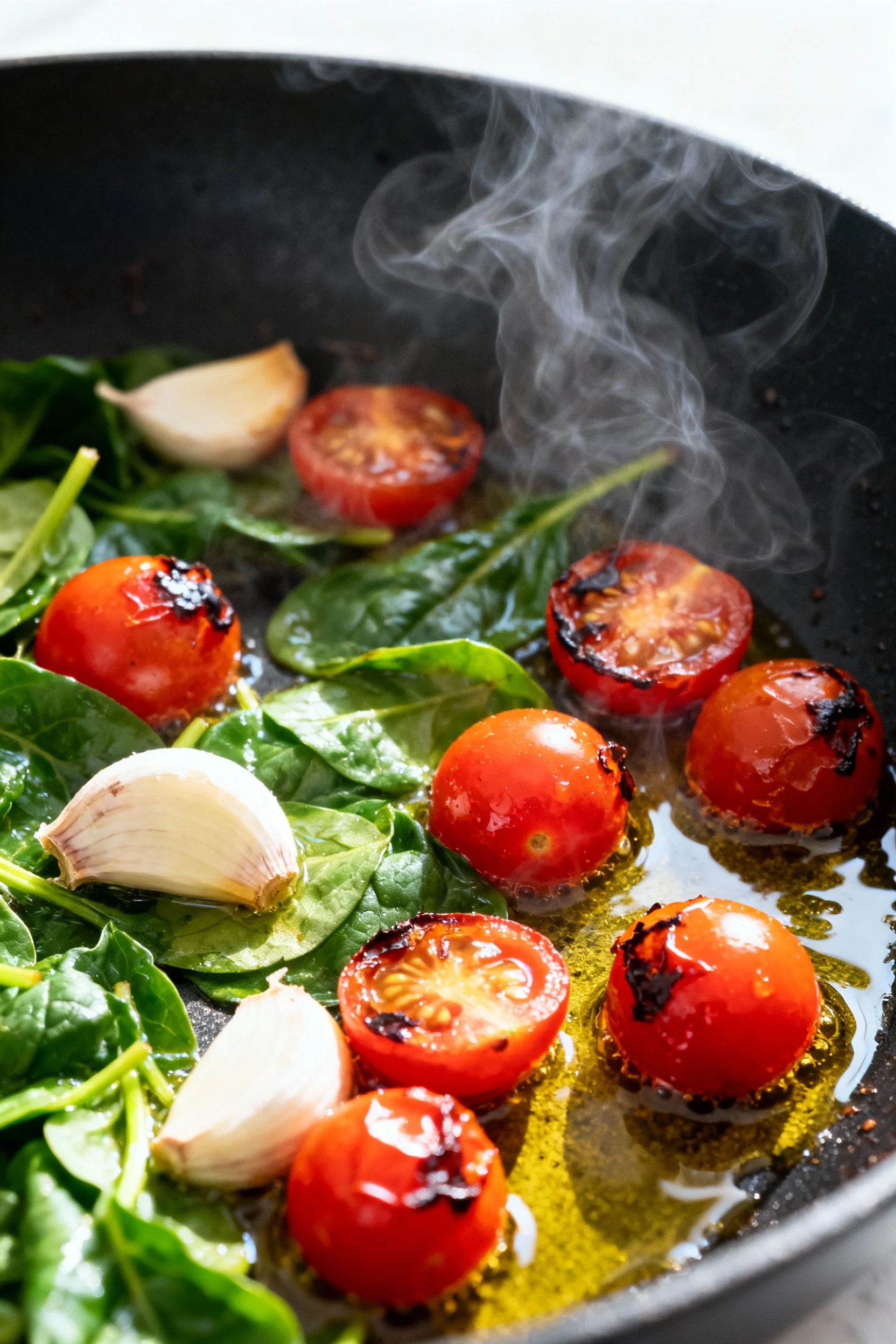 Mid-cooking process shot showing garlic, cherry tomatoes, and spinach sizzling together in olive oil inside a black skil