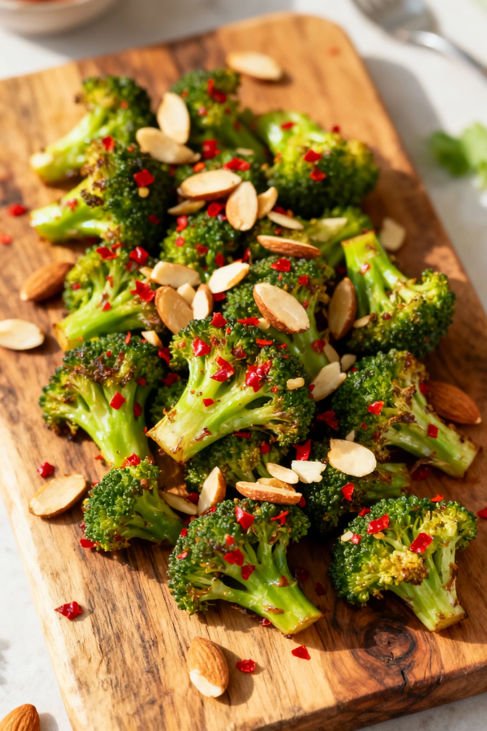 Overhead shot of roasted broccoli tossed with red pepper flakes and garnished with chopped toasted almonds, vibrant gree