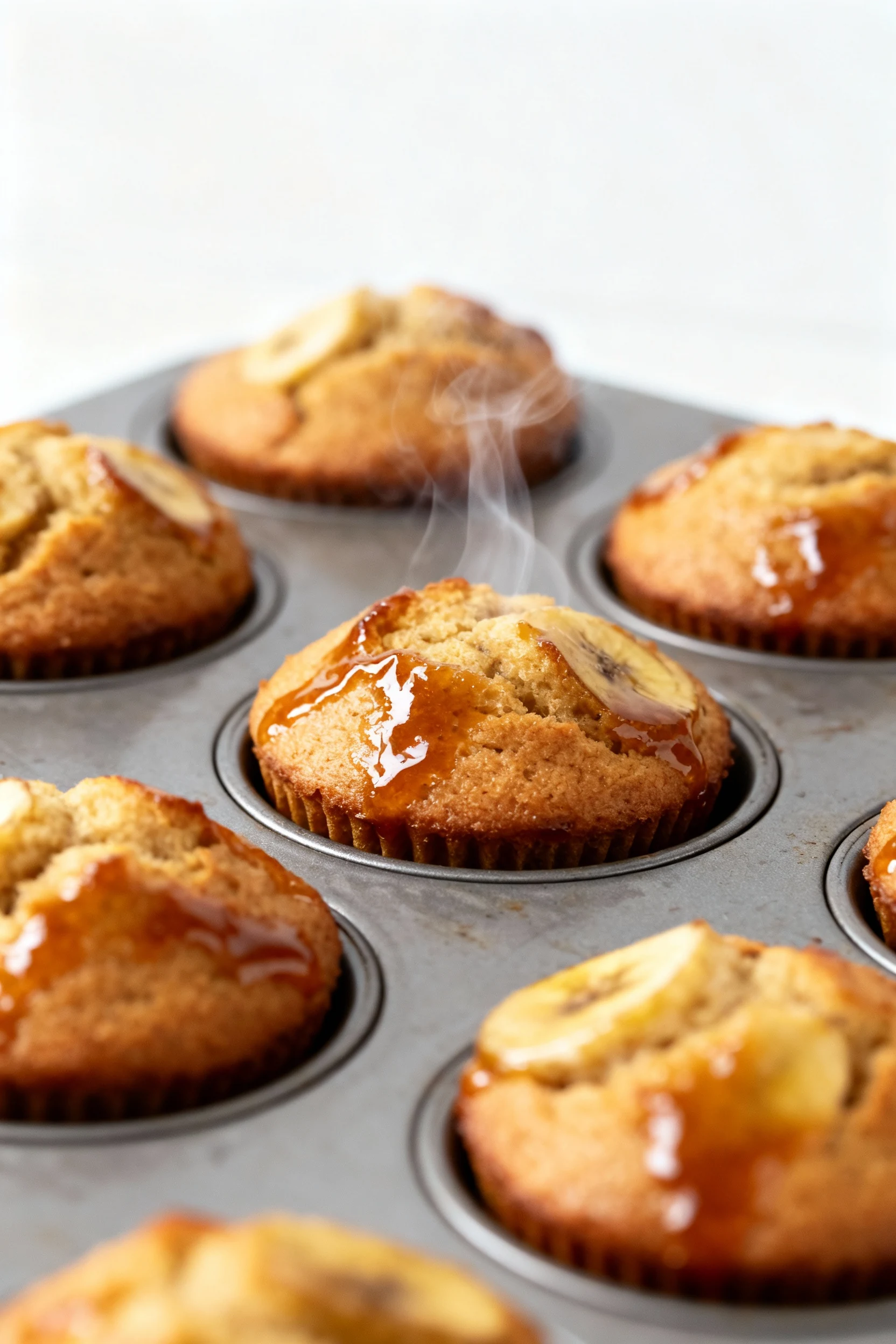 Steaming banana muffins just out of the oven, captured mid-cooling in a muffin tin, rich caramelized tops glistening, ge
