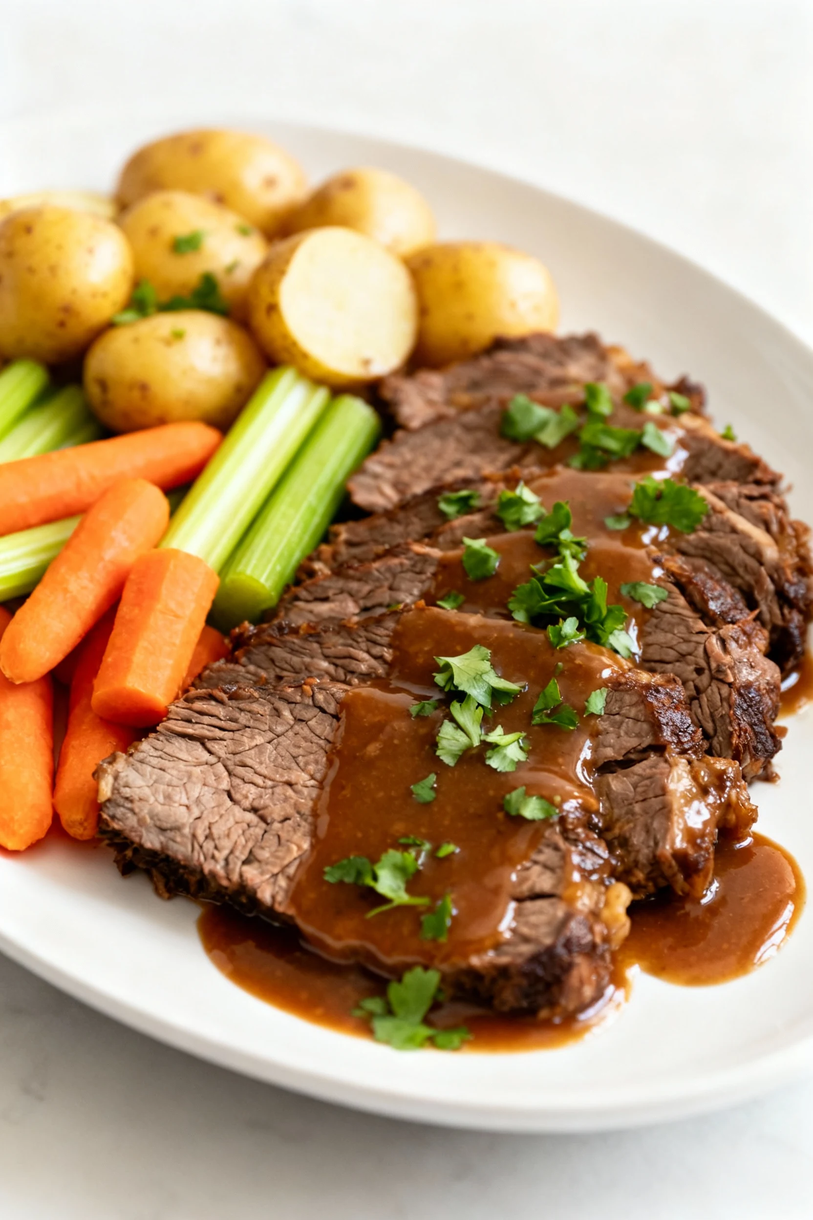 Final dish: Beautifully plated slices of pot roast on a white oval platter with chunky carrots, celery, and baby potatoe