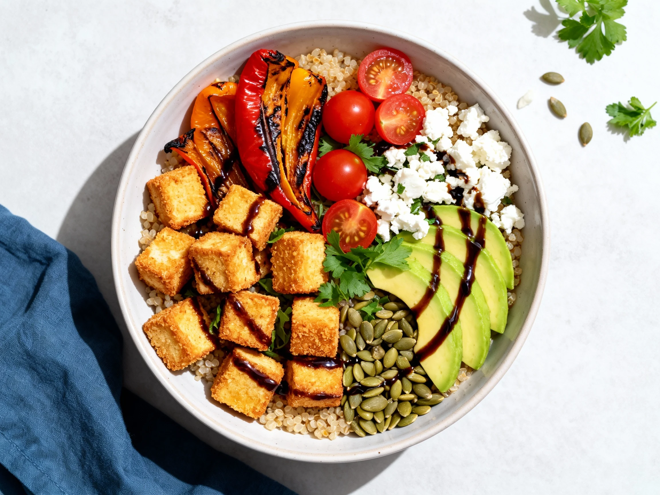 Food photography, 3. Overhead shot of a quinoa bowl topped with crispy cornstarch-dusted tofu, charred bell peppers, che