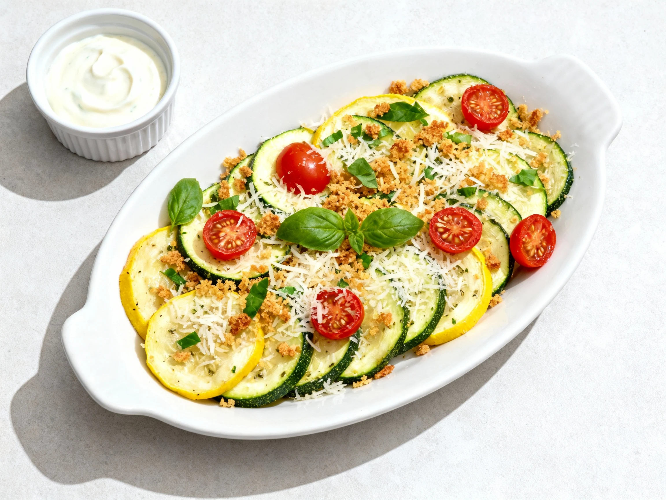 Food photography, Tasty top view: finished lemon-garlic summer squash on a white ceramic platter—mix of zucchini and yel