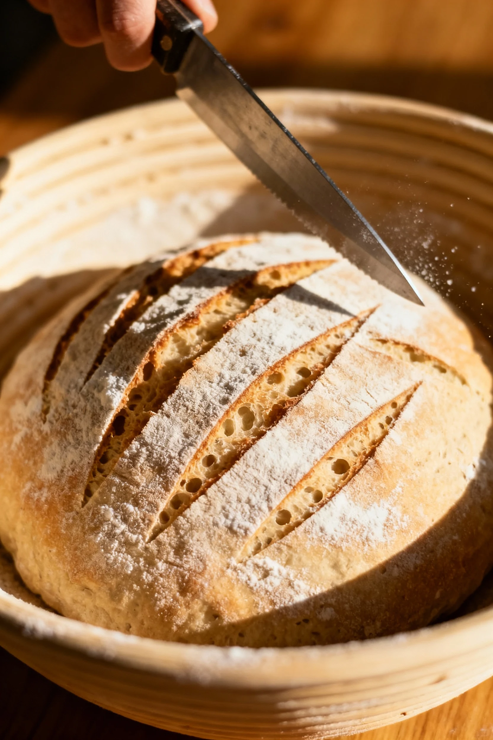 Sourdough being scored just before baking, dough resting in a floured proofing basket, intricate slash pattern visible, 