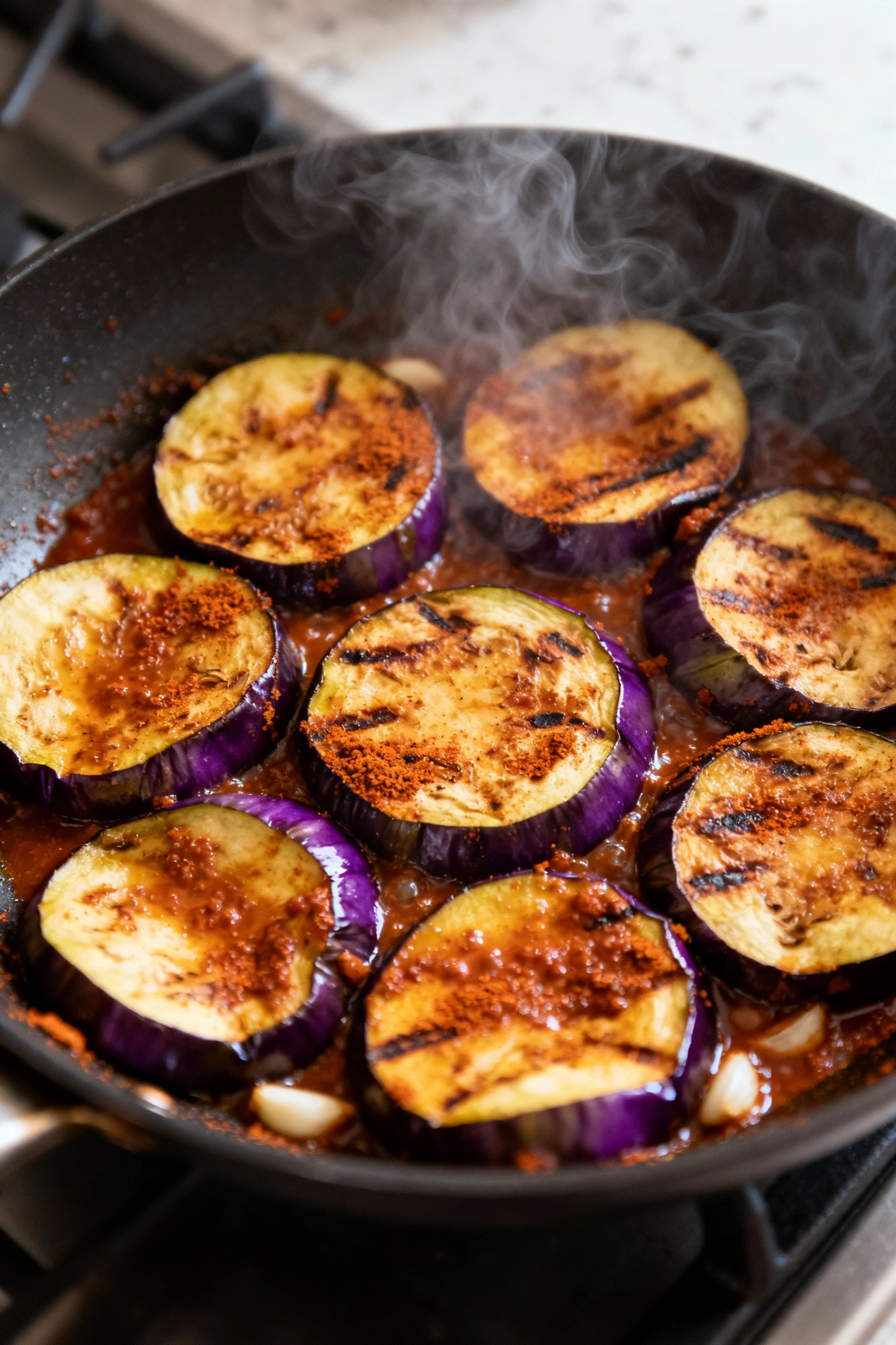 Overhead shot of sizzling eggplant rounds in a skillet, coated in a rich smoked paprika and garlic marinade, steam risin