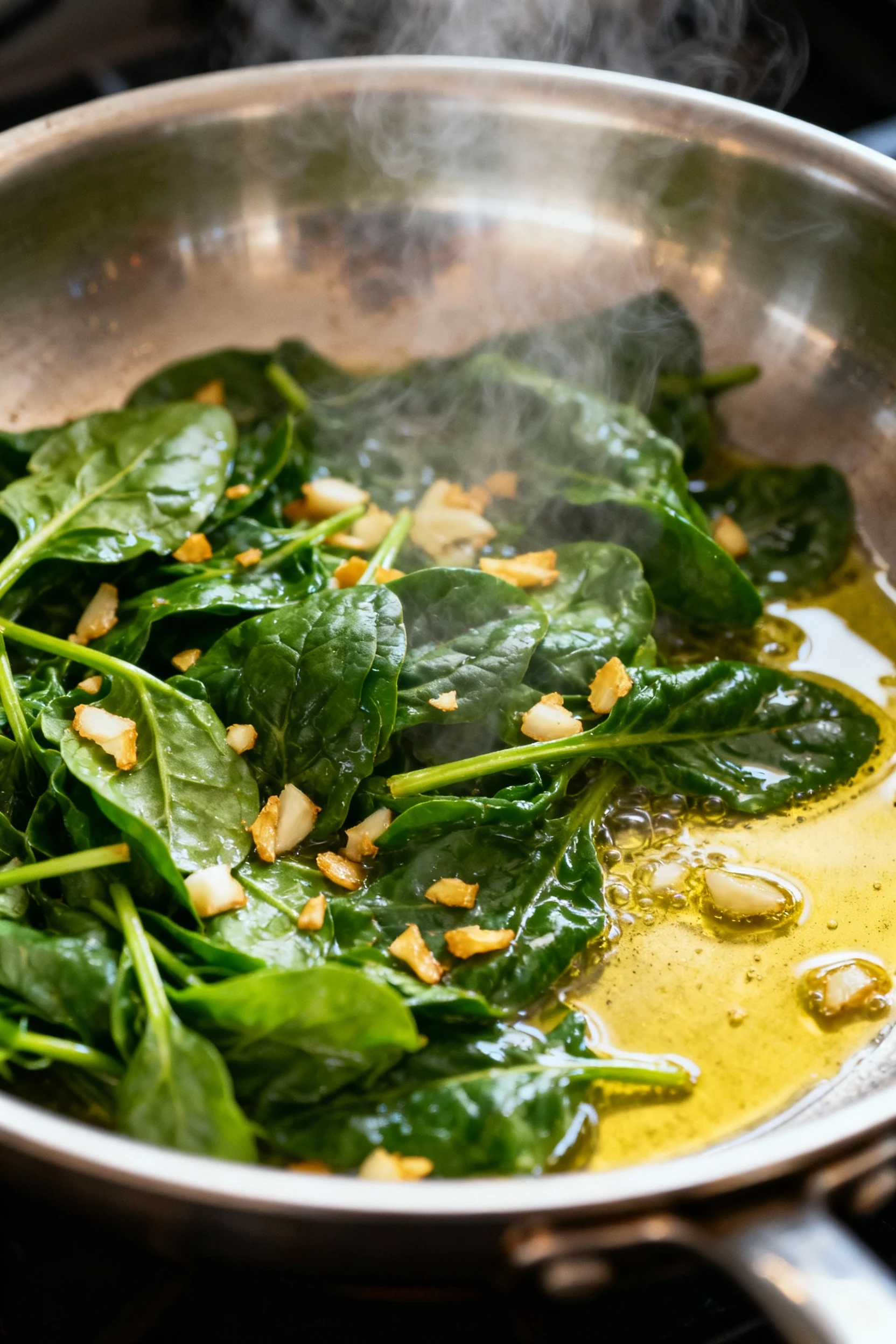 Mid-process cooking shot of spinach and garlic sizzling in olive oil in a stainless steel skillet, steam rising, rich gr