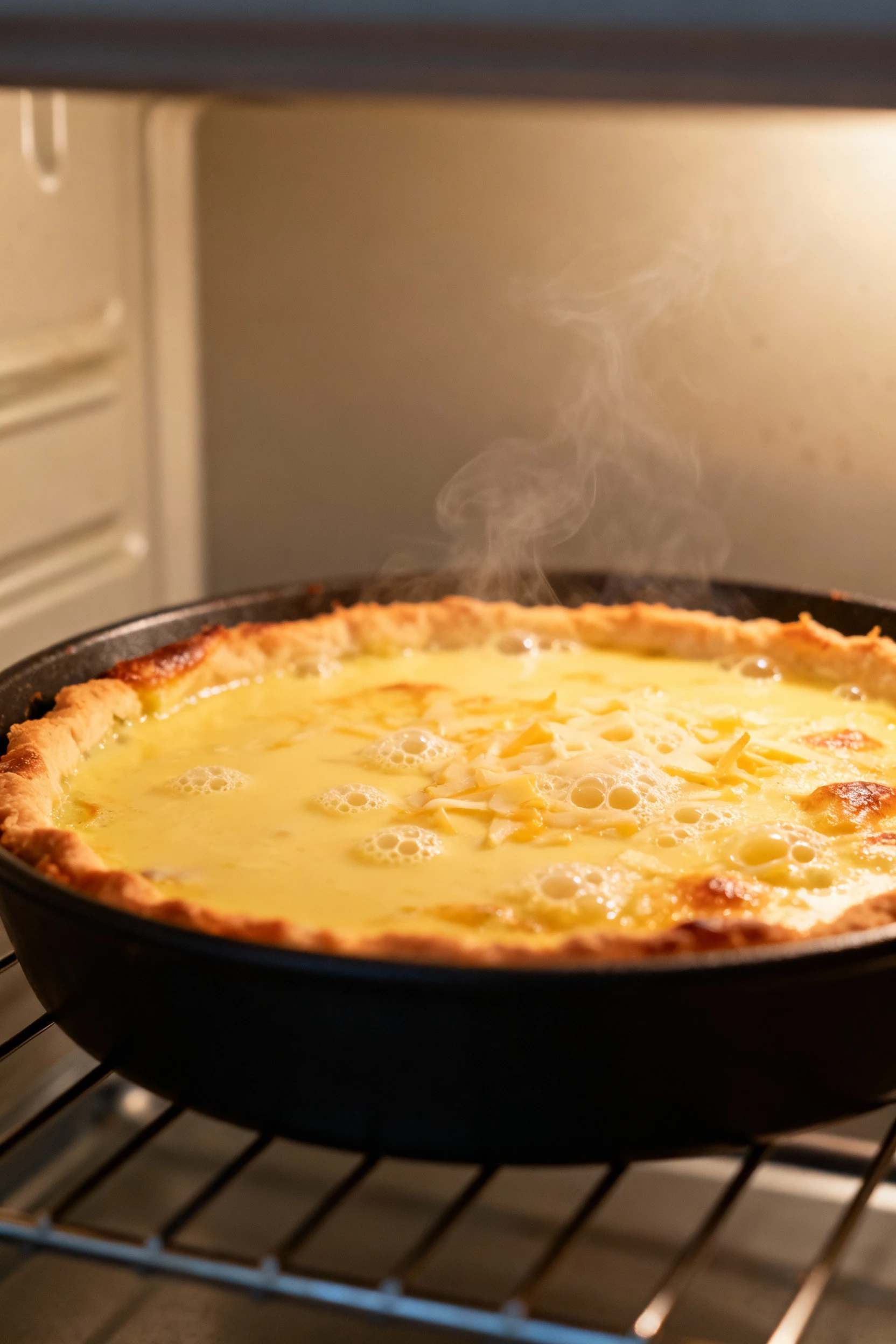 3. Mid-bake oven shot showing the quiche custard beginning to set, with bubbling cheese on top and edges just turning go