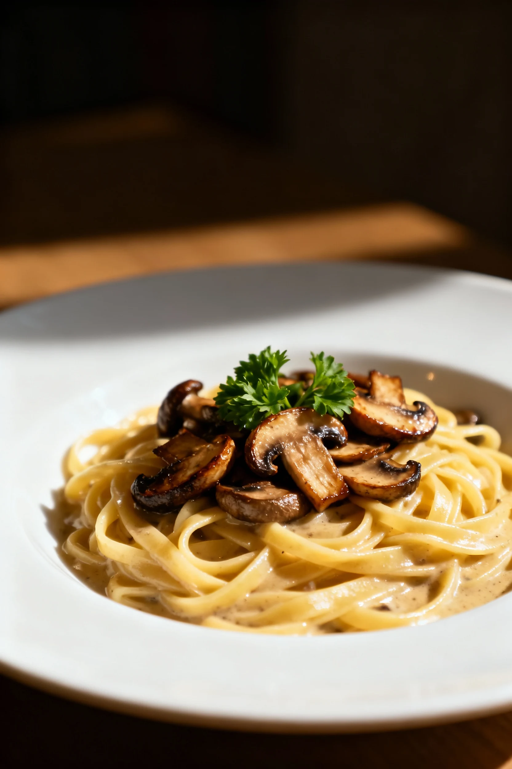 Beautifully plated mushroom and herb pasta, silky sauce clinging to tender pasta strands, topped with seared button mush