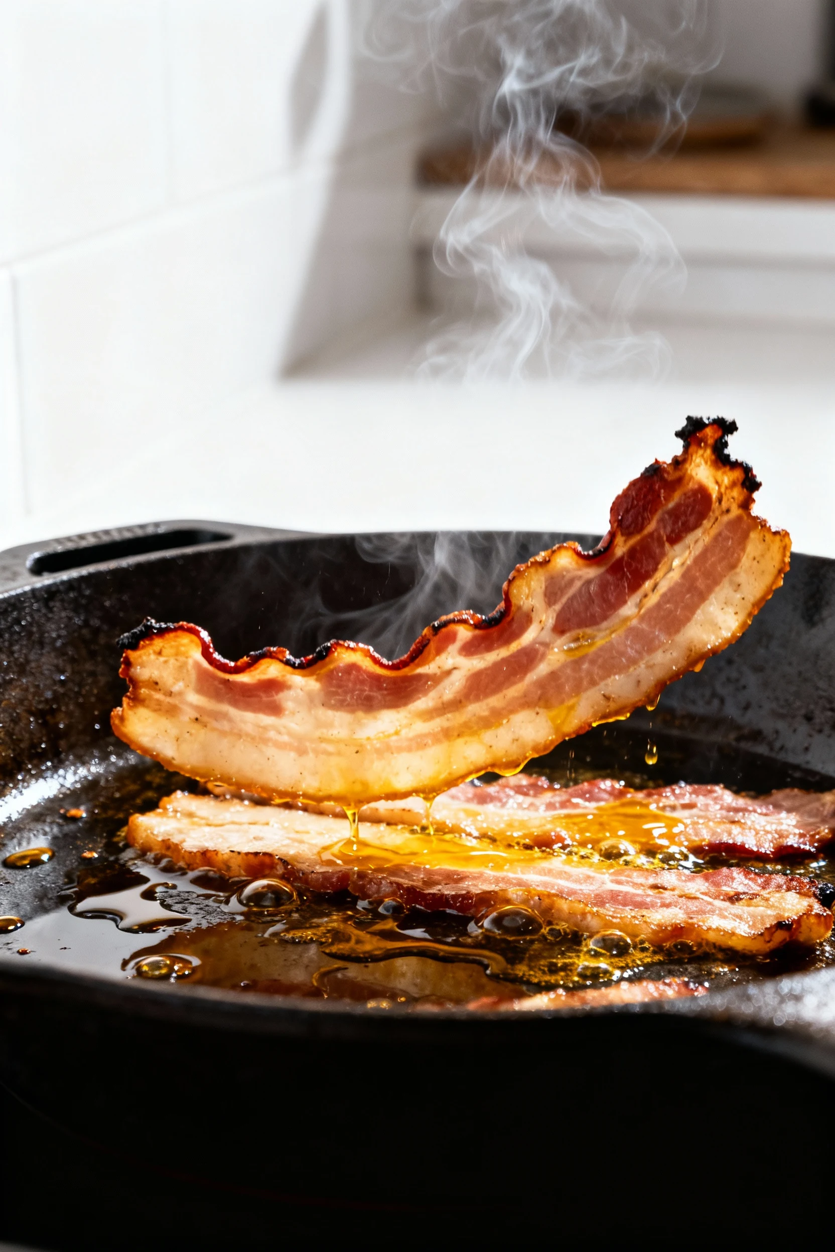 In-pan action shot of thick-cut bacon sizzling, fat rendering into glossy pools, edges curling, and golden-brown highlig