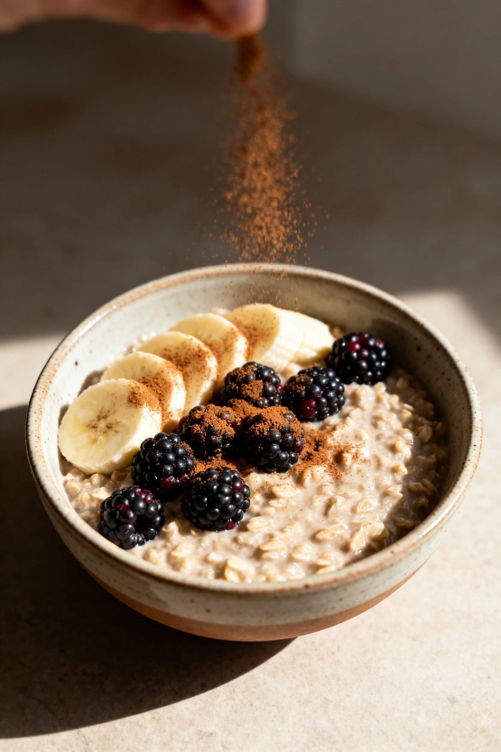 Cooking process shot of overnight oats being topped with sliced banana and fresh blackberries in a ceramic bowl, cinnamo