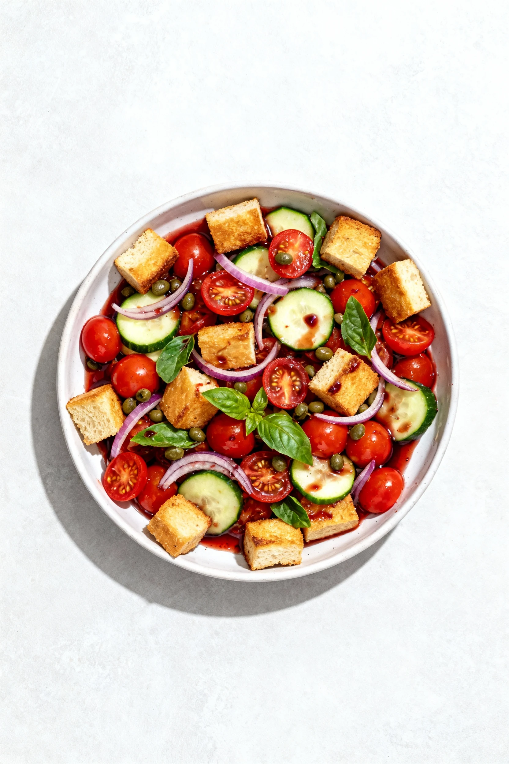 3. Overhead shot of burst tomato panzanella: golden toasted ciabatta cubes, mixed cherry tomatoes with their juices, cuc