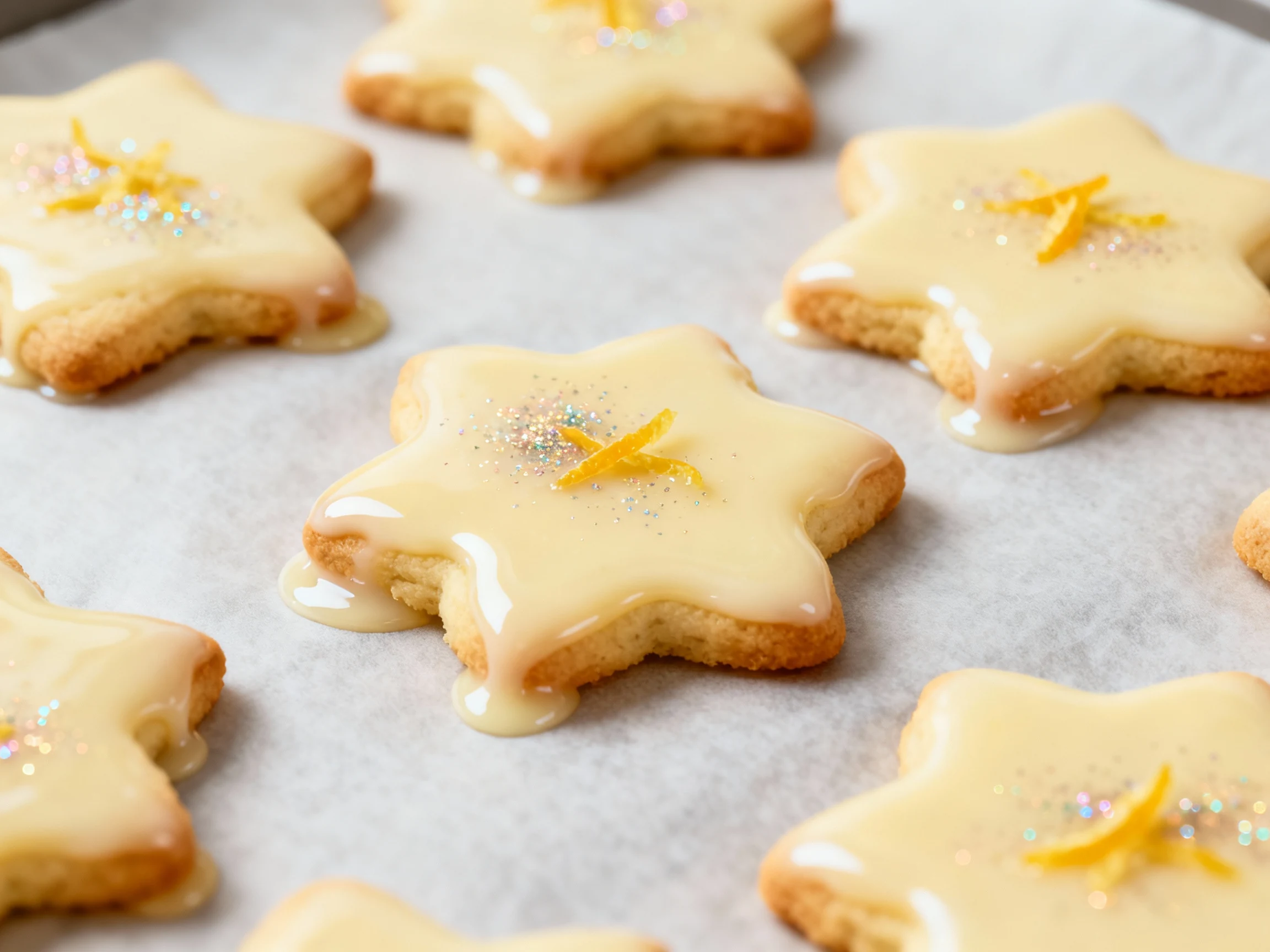 Food photography, Finishing process: cooled classic vanilla cut-out cookies being glazed on parchment—smooth vanilla gla