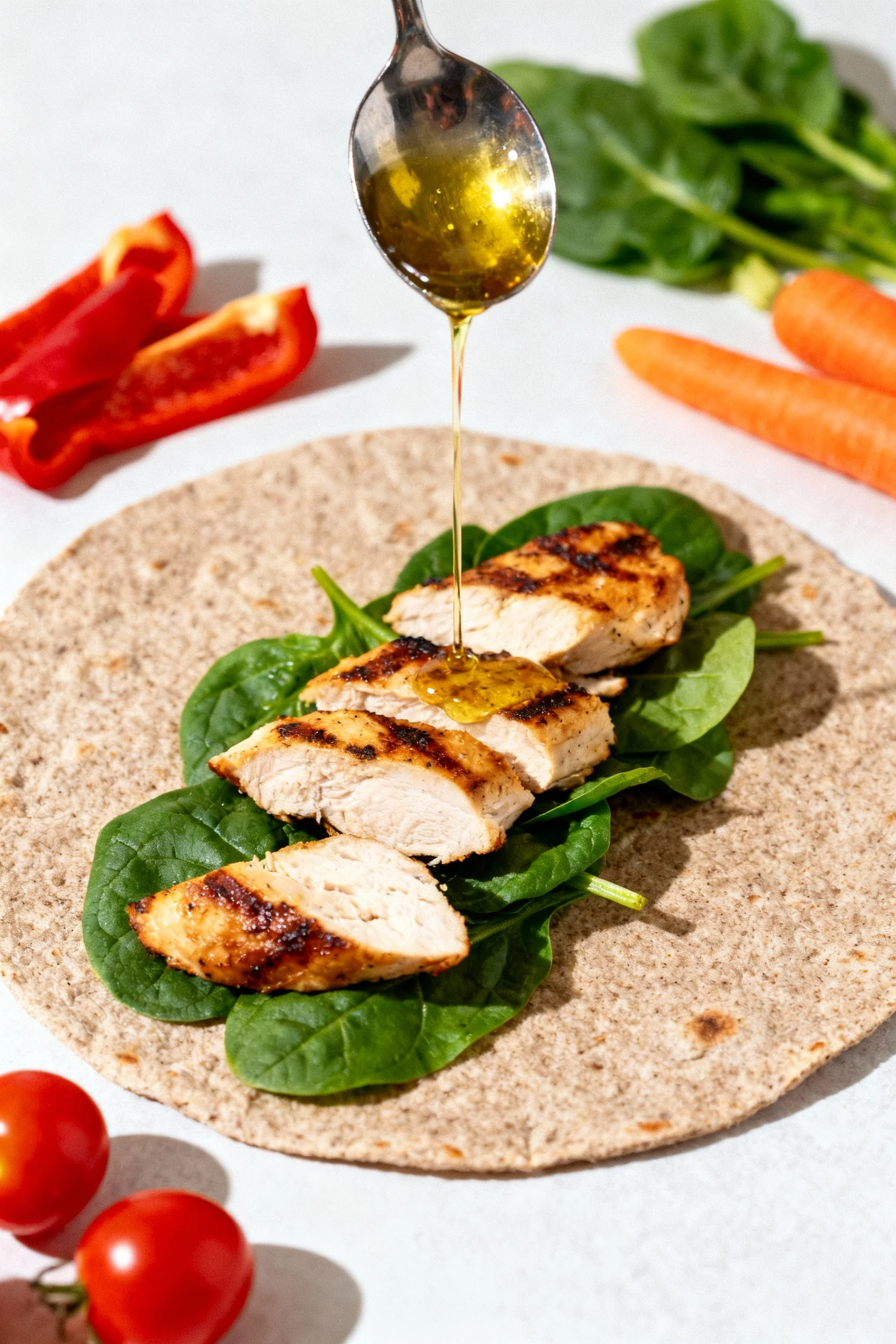 Cooking process shot of a wrap being assembled, grilled chicken and crisp spinach laid out on a whole grain tortilla, fr