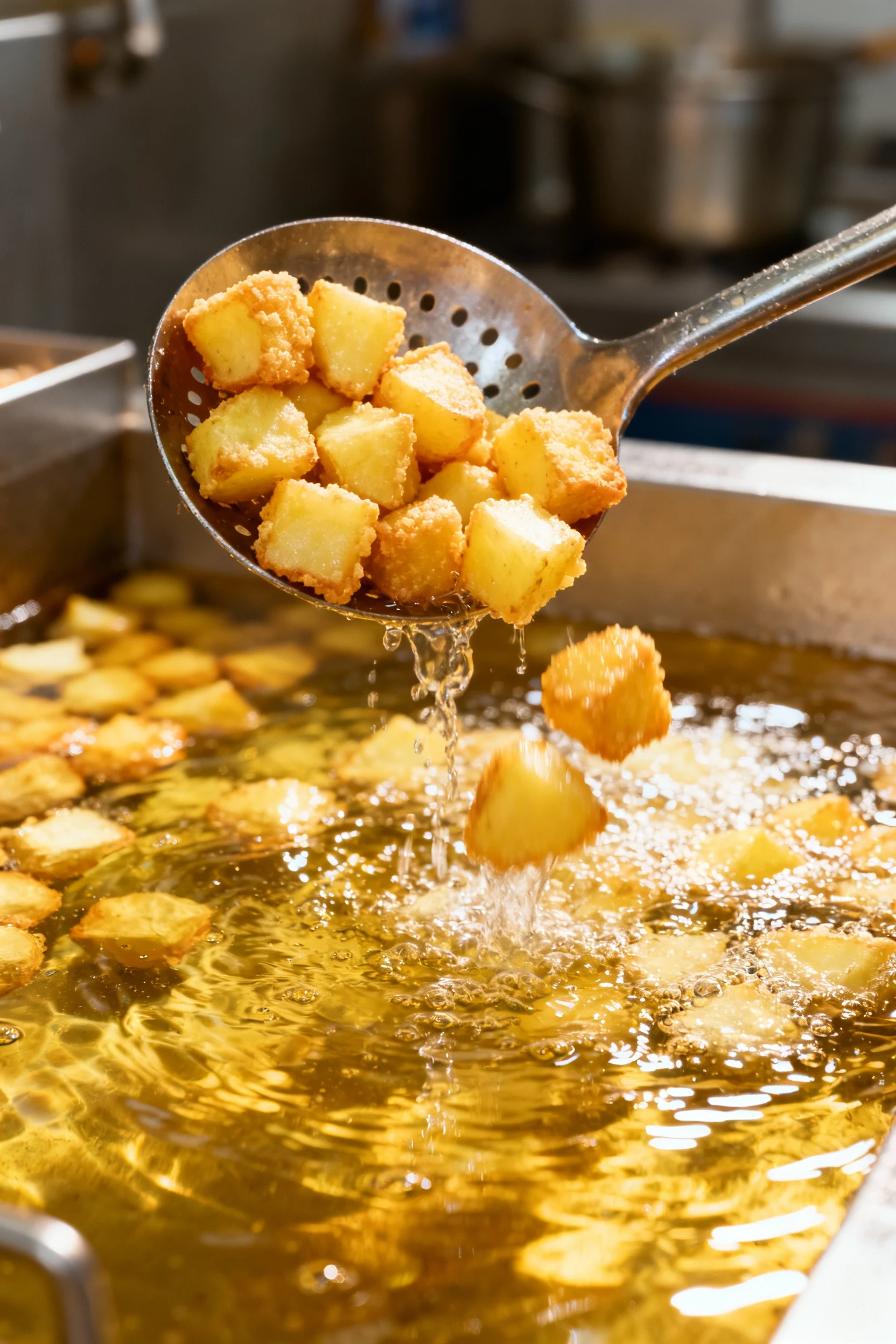Cooking process shot showing battered potato cubes being lowered into shimmering hot oil with a slotted spoon, bubbling 