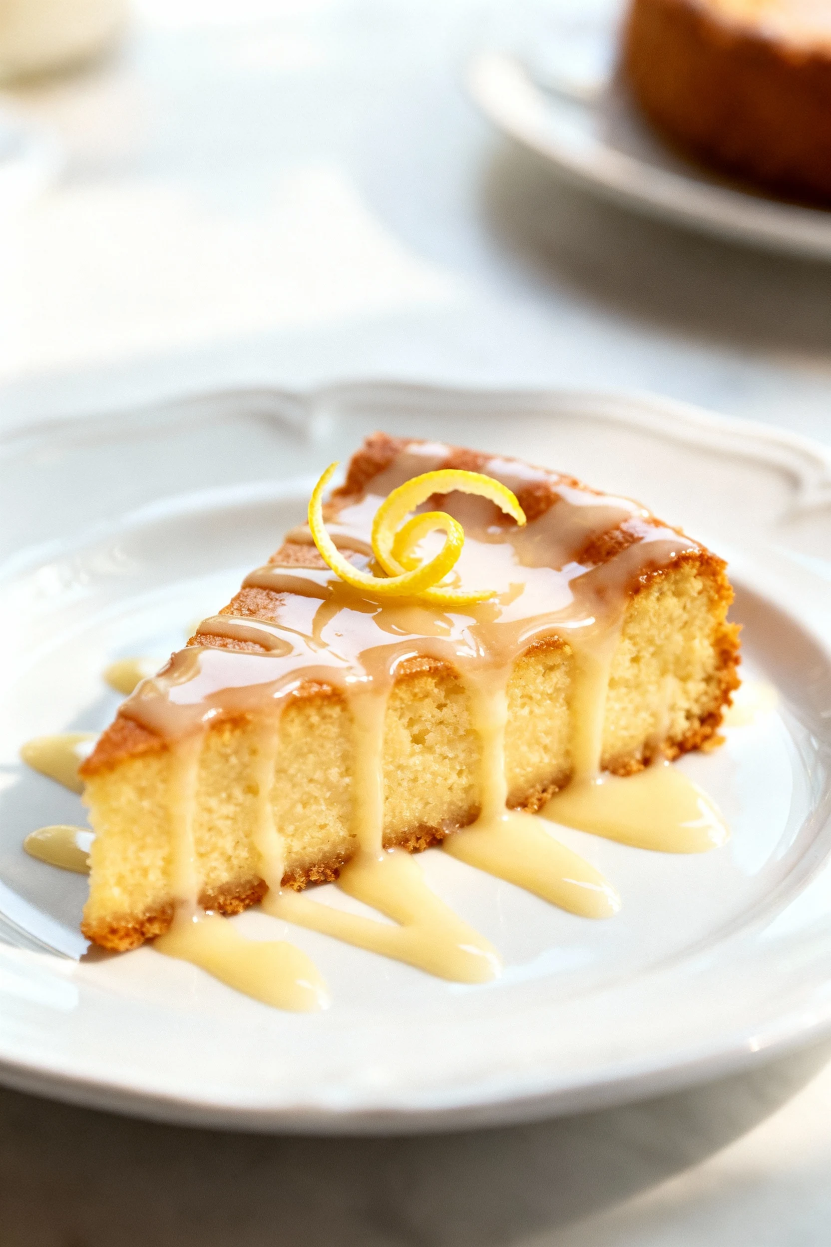 Beautifully plated slice of the recipe served on a white porcelain plate, drizzled with a shiny vanilla glaze and garnis
