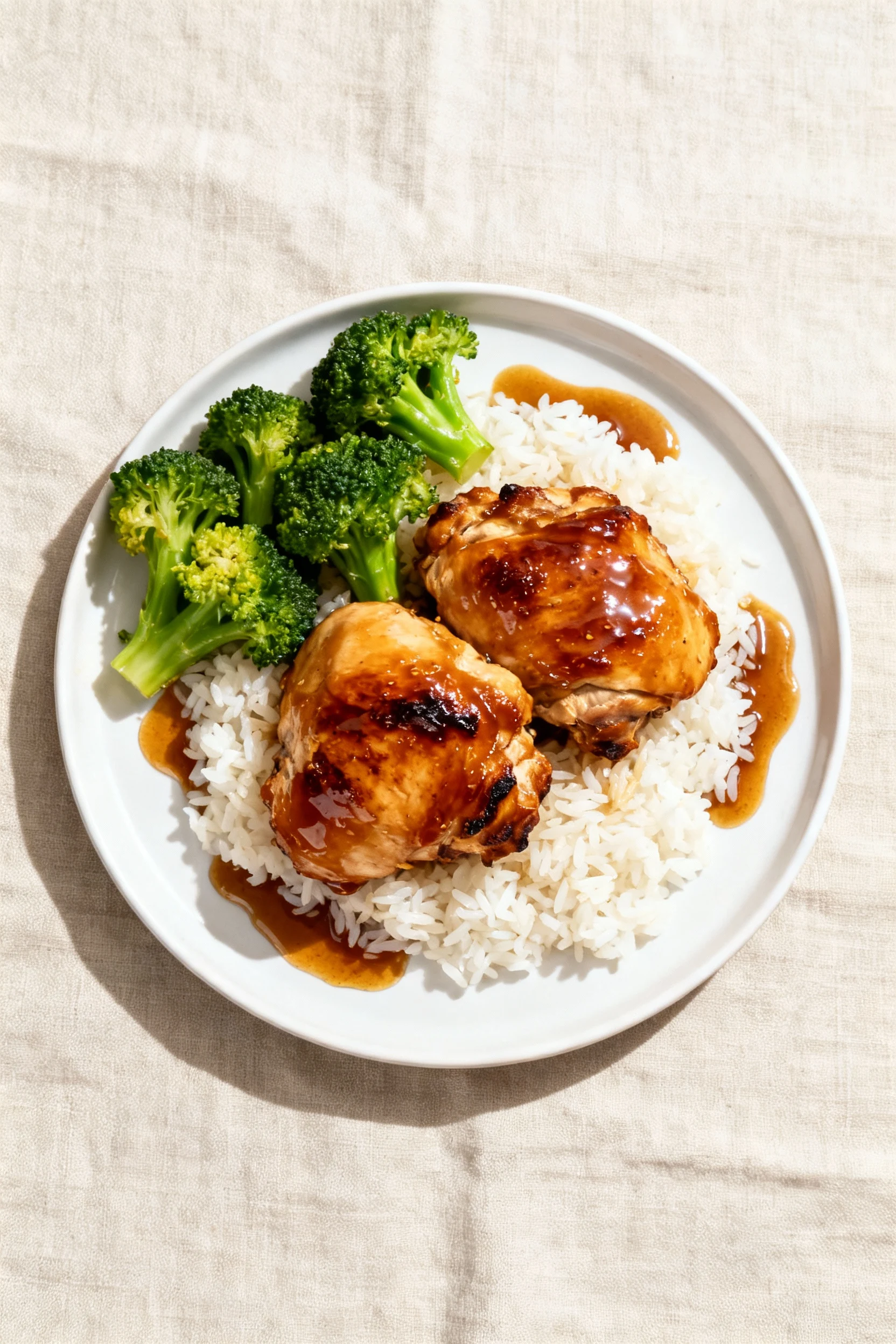 Tasty top view: Honey-Garlic chicken thighs lacquered in a sticky honey–soy–ginger glaze over fluffy jasmine rice with a