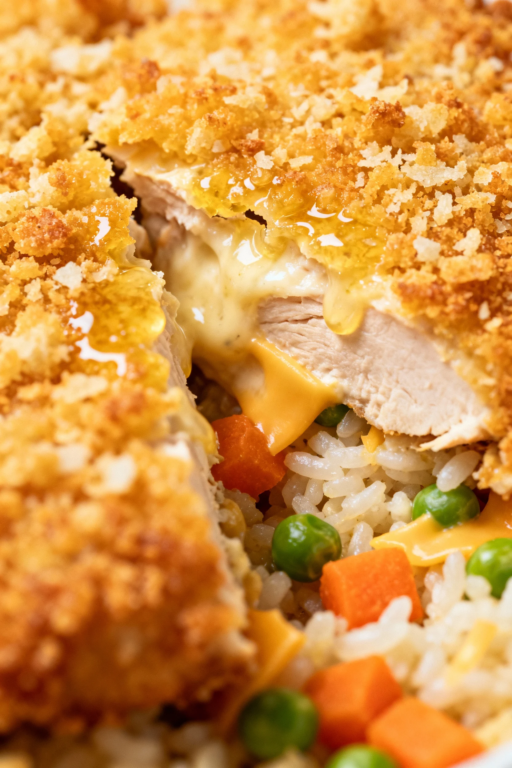 3. Close-up detail - macro of ultra-crispy panko-Parmesan topping, golden crumbs glistening with melted butter, shallow 