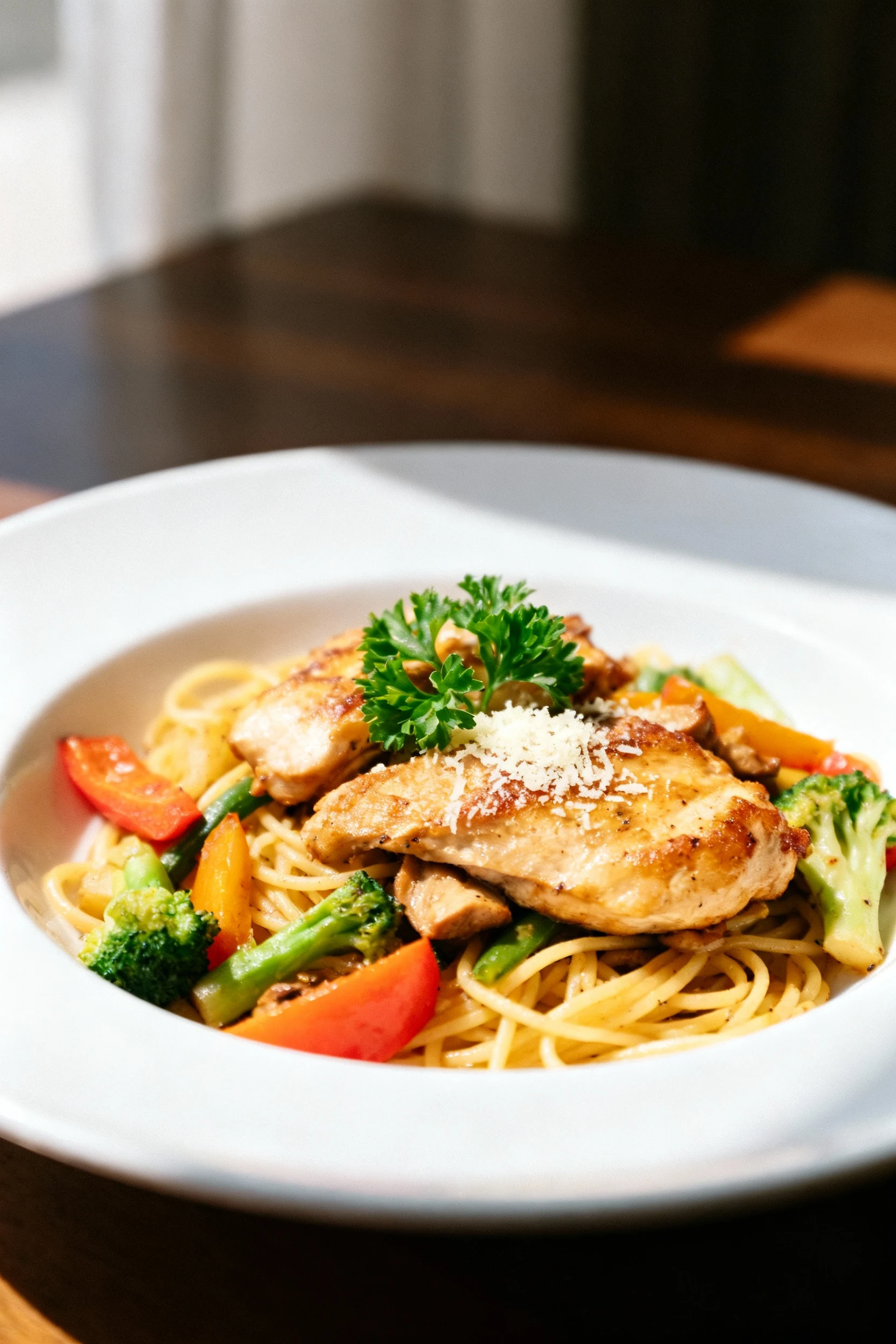 Beautifully plated chicken and mixed vegetable stir with pasta on a white ceramic plate, garnished with fresh parsley an