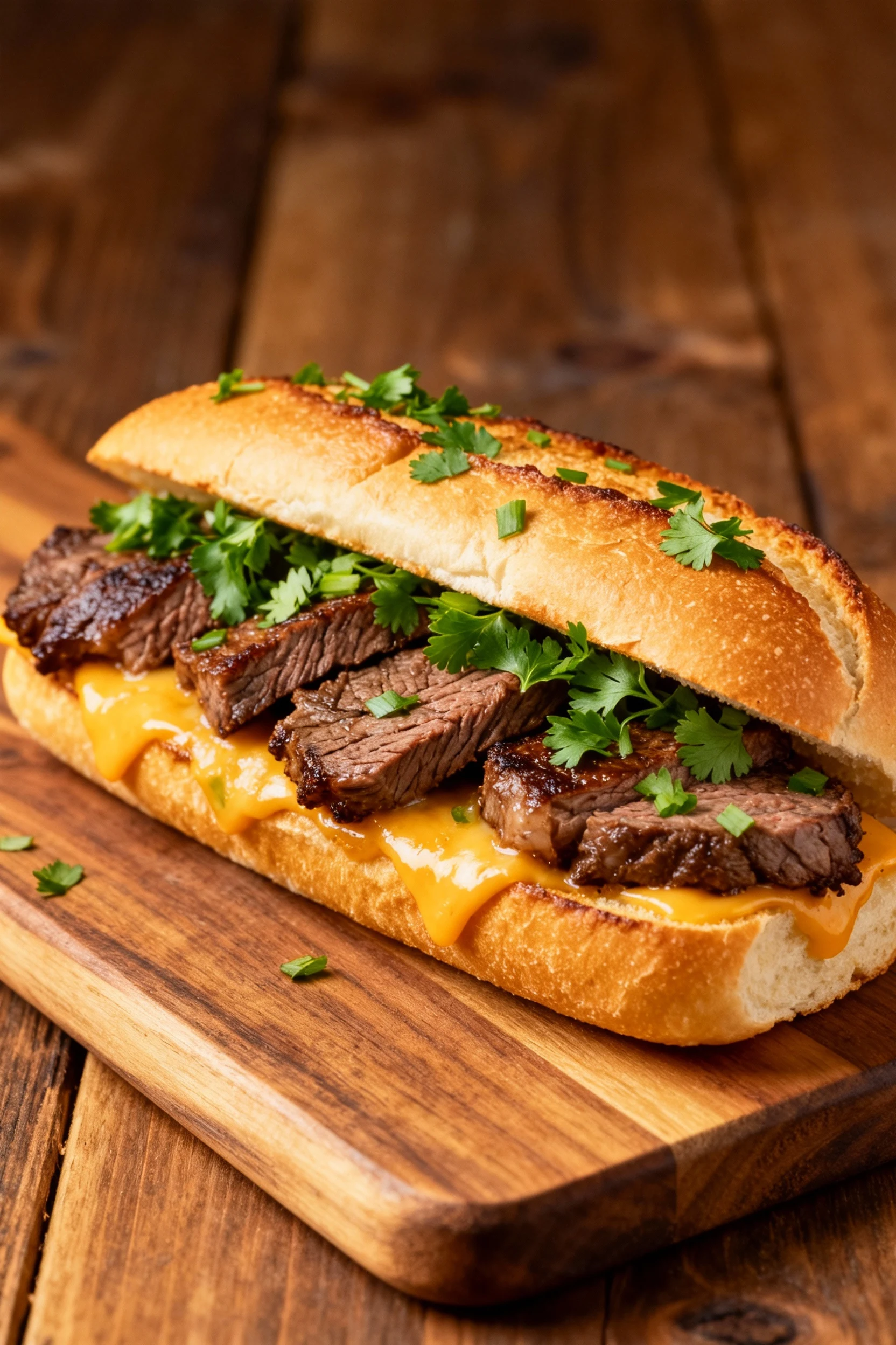 Beautifully assembled steak and cheese sandwich on a toasted roll, garnished with fresh chopped parsley, served on a rus