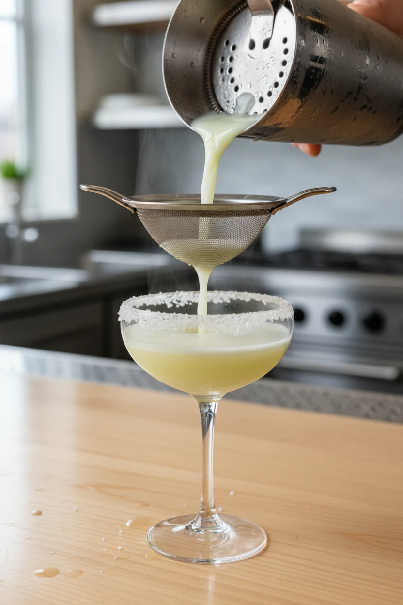 3. Cooking process: margarita being fine-strained into a half-salted coupe, mid-pour stream showing silky texture from a