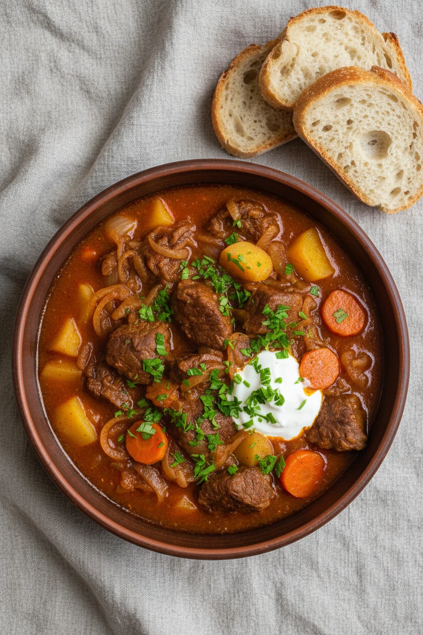 Overhead shot of classic Hungarian goulash in a rustic bowl—tender beef, melting onions, potatoes and carrots in a deep 