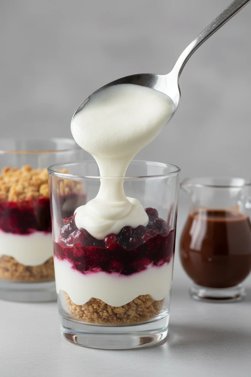 Process shot: parfaits being assembled—spoonful of creamy base settling over a berry layer with a crisp crumb layer bene