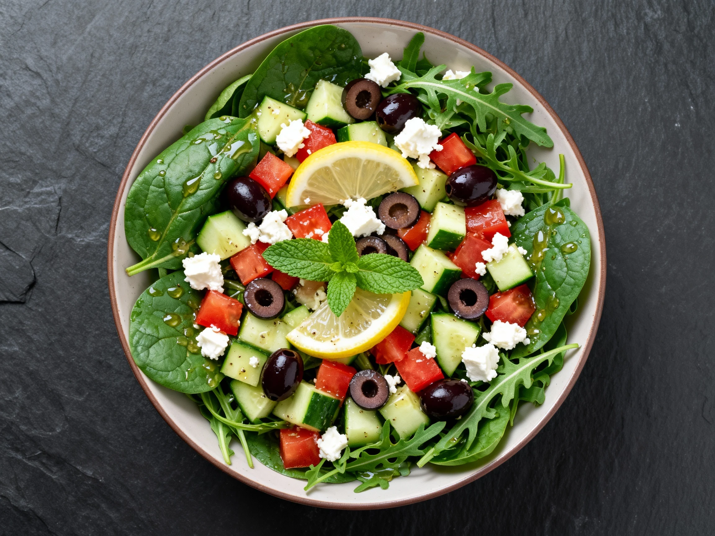 Food photography, Overhead shot of Mediterranean feta-lemon salad: spinach and arugula dressed generously with lemon vin
